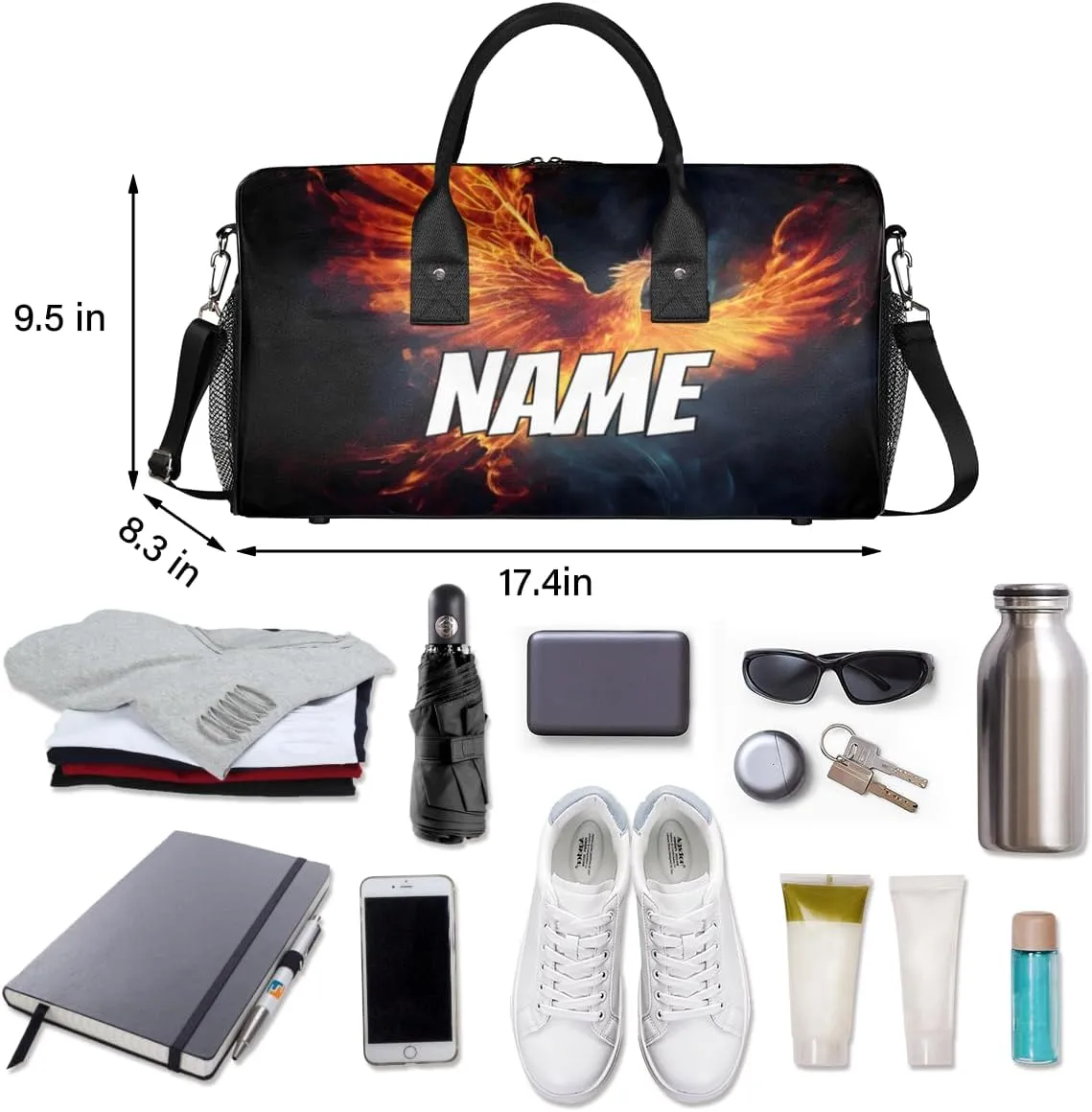 Personalized Phoenix Travel Duffel Bag with Name, Custom Gym Sport Bag Cool Animal Carry On Weekend Overnight Duffel Bag for Men Women