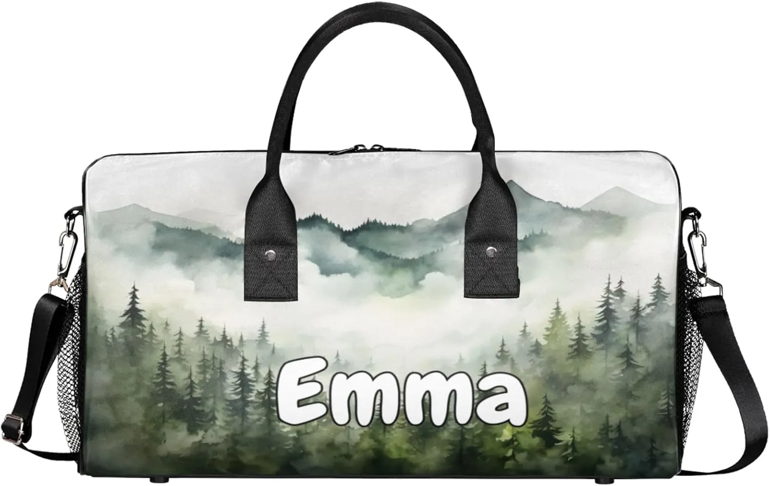 Personalized Pine Trees Travel Duffel Bag with Name, Custom Gym Sport Bag Pine Trees Landscape Carry On Weekend Overnight Duffel Bag for Men Women