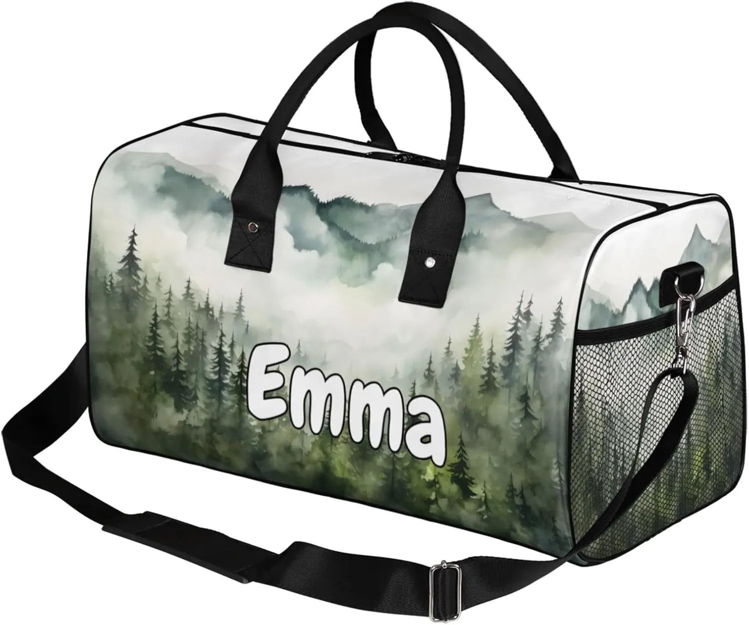 Personalized Pine Trees Travel Duffel Bag with Name, Custom Gym Sport Bag Pine Trees Landscape Carry On Weekend Overnight Duffel Bag for Men Women