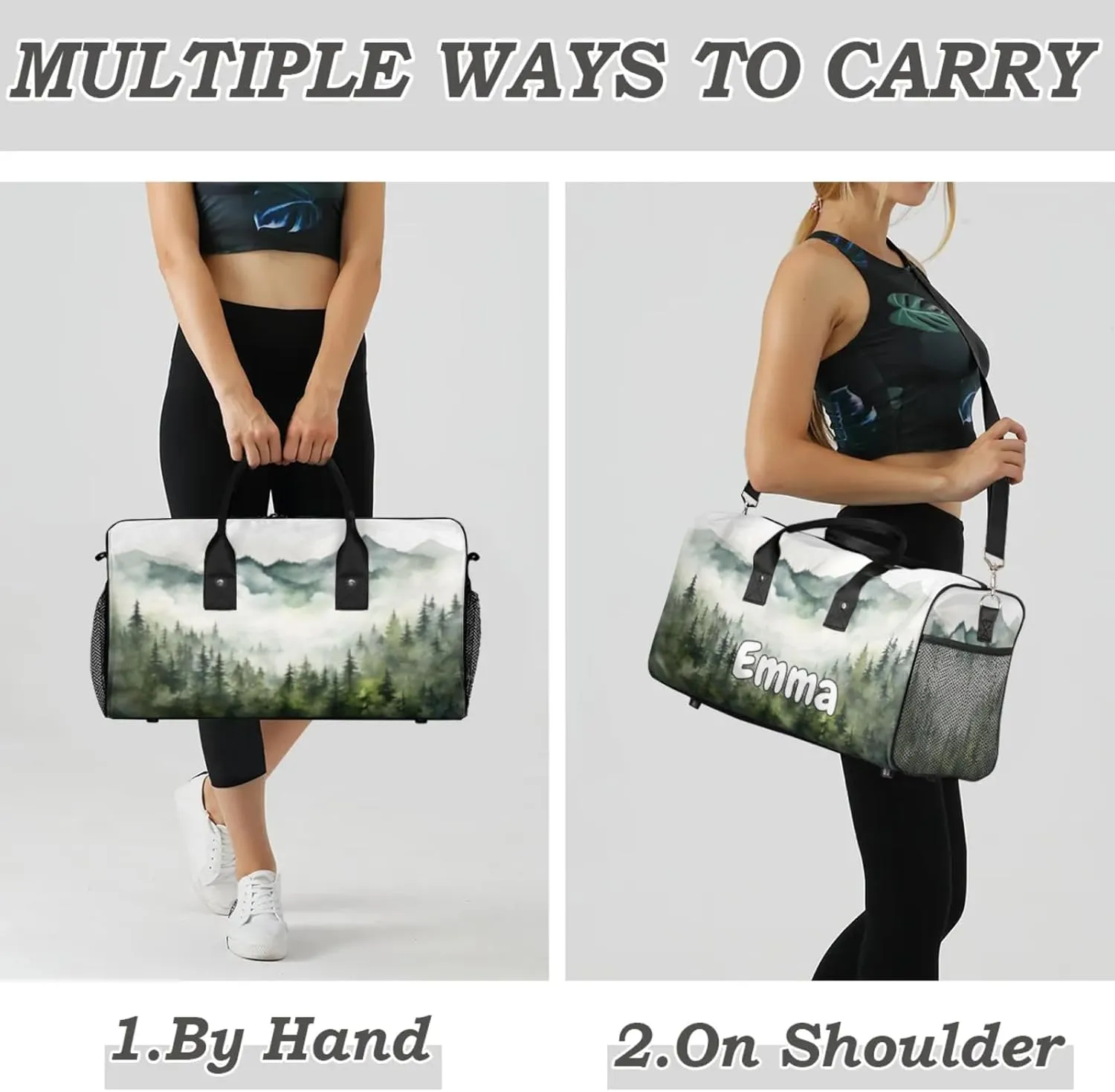 Personalized Pine Trees Travel Duffel Bag with Name, Custom Gym Sport Bag Pine Trees Landscape Carry On Weekend Overnight Duffel Bag for Men Women