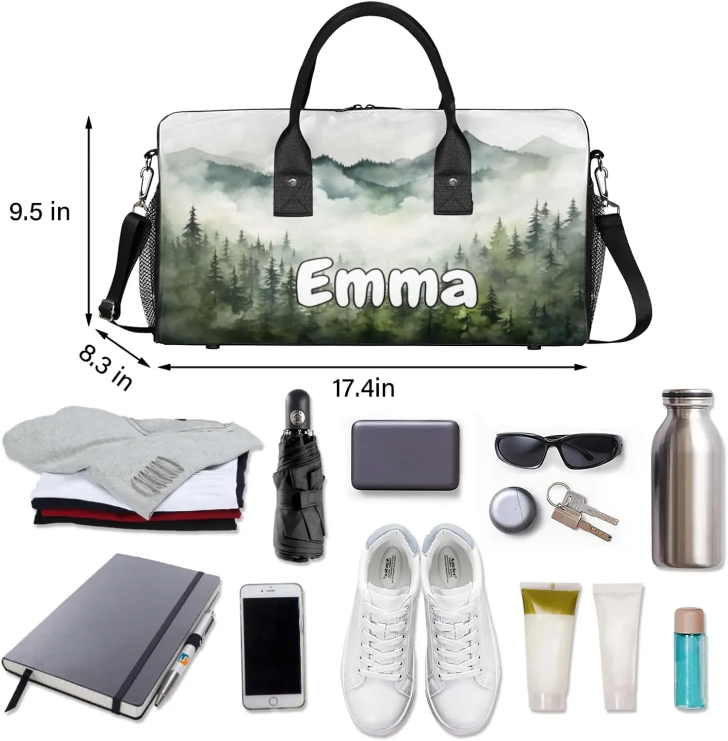 Personalized Pine Trees Travel Duffel Bag with Name, Custom Gym Sport Bag Pine Trees Landscape Carry On Weekend Overnight Duffel Bag for Men Women