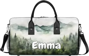 Personalized Pine Trees Travel Duffel Bag with Name, Custom Gym Sport Bag Pine Trees Landscape Carry On Weekend Overnight Duffel Bag for Men Women