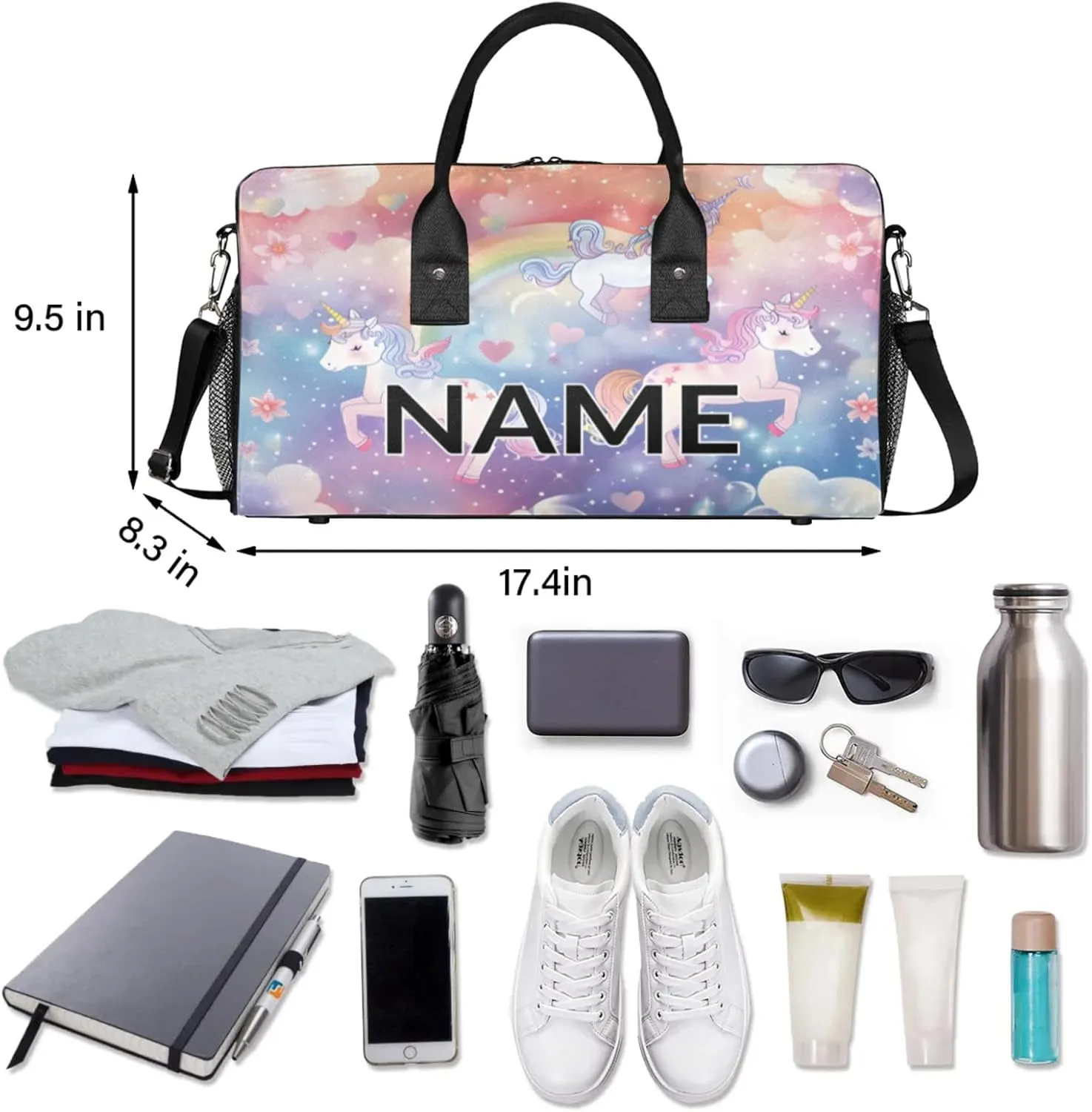 Personalized Pink Unicorn Travel Duffel Bag with Name, Custom Gym Sport Bag Fantasy Rainbow Carry On Weekend Overnight Duffel Bag for Men Women