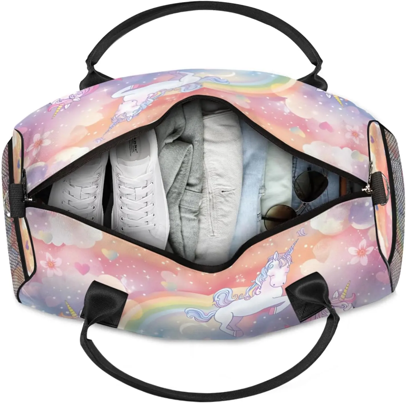 Personalized Pink Unicorn Travel Duffel Bag with Name, Custom Gym Sport Bag Fantasy Rainbow Carry On Weekend Overnight Duffel Bag for Men Women