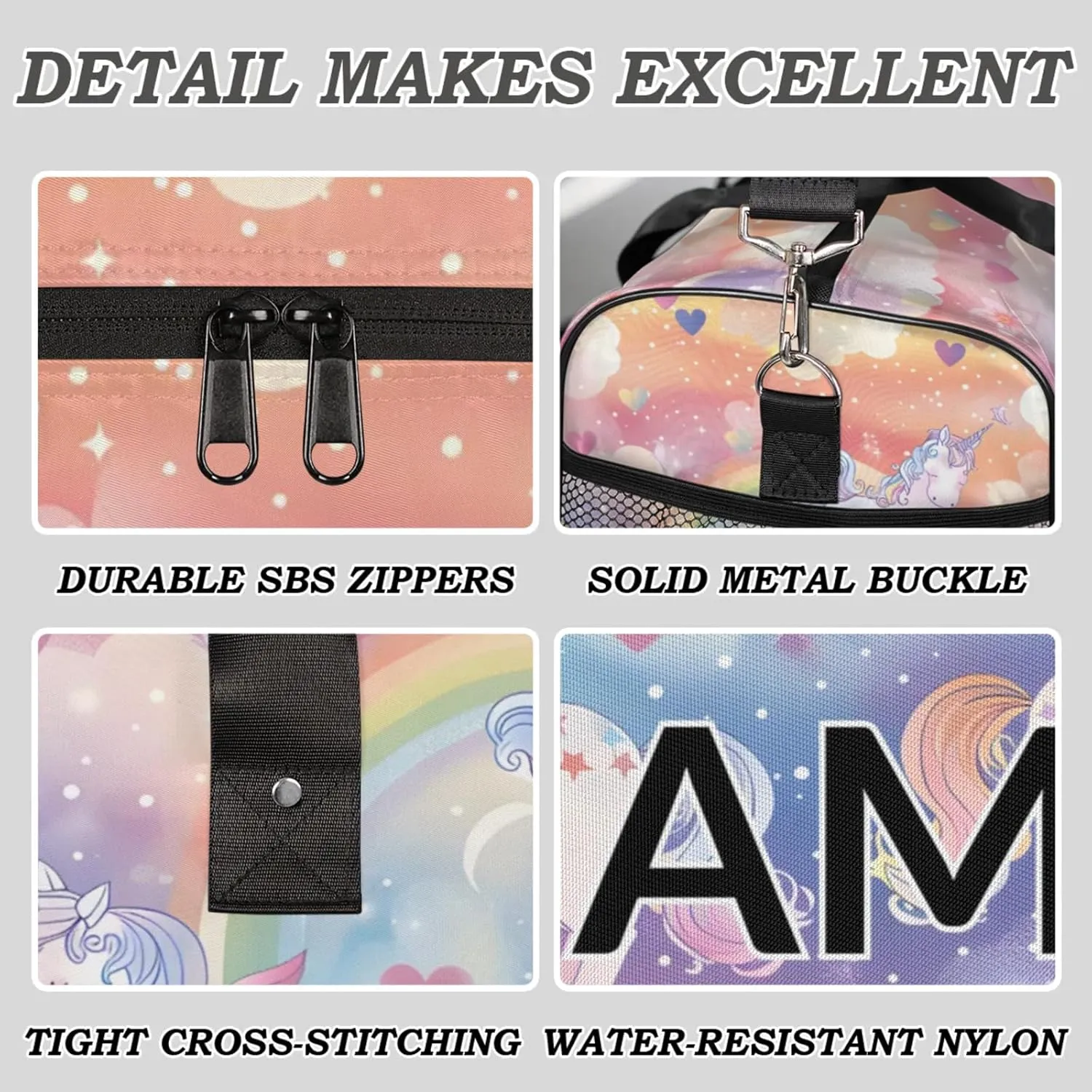 Personalized Pink Unicorn Travel Duffel Bag with Name, Custom Gym Sport Bag Fantasy Rainbow Carry On Weekend Overnight Duffel Bag for Men Women