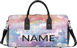 Personalized Pink Unicorn Travel Duffel Bag with Name, Custom Gym Sport Bag Fantasy Rainbow Carry On Weekend Overnight Duffel Bag for Men Women