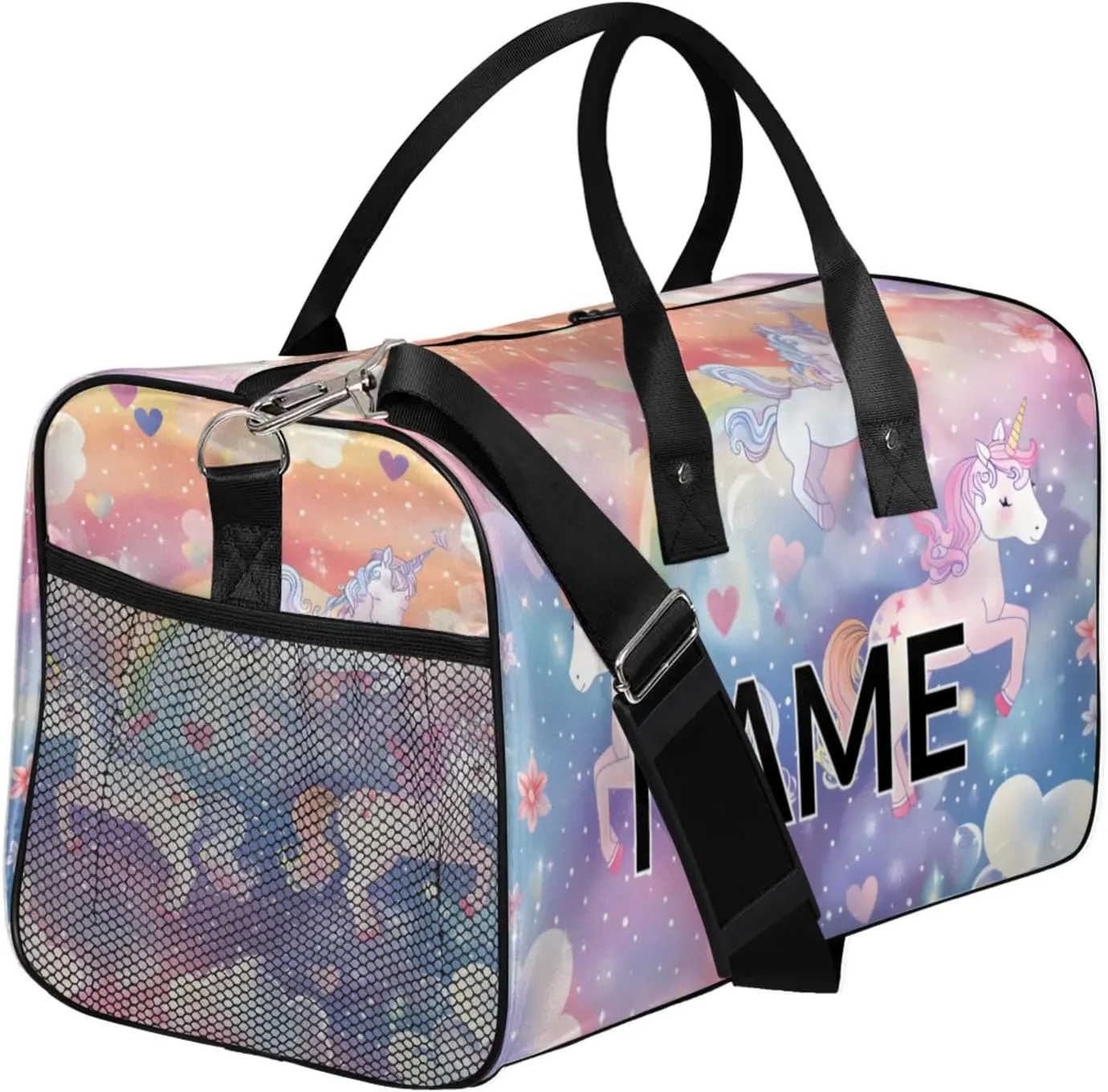 Personalized Pink Unicorn Travel Duffel Bag with Name, Custom Gym Sport Bag Fantasy Rainbow Carry On Weekend Overnight Duffel Bag for Men Women