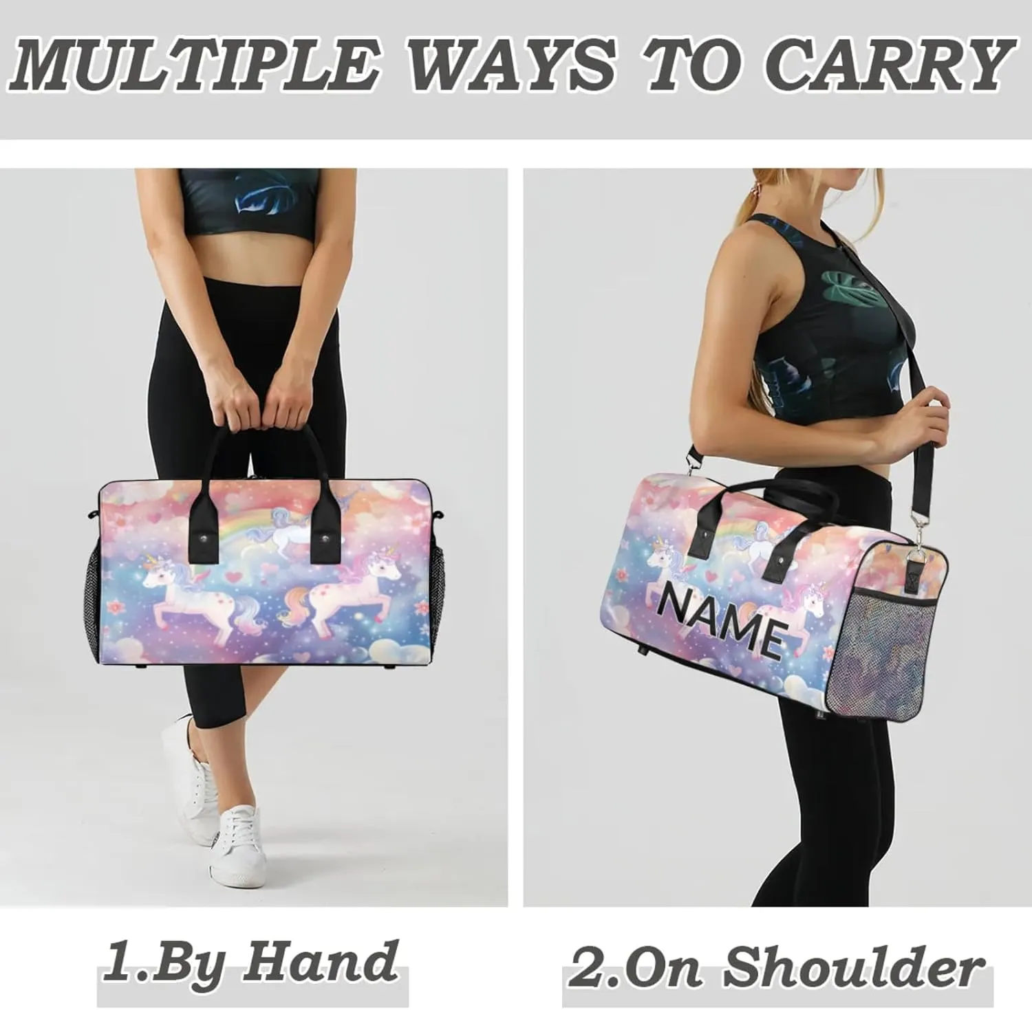 Personalized Pink Unicorn Travel Duffel Bag with Name, Custom Gym Sport Bag Fantasy Rainbow Carry On Weekend Overnight Duffel Bag for Men Women