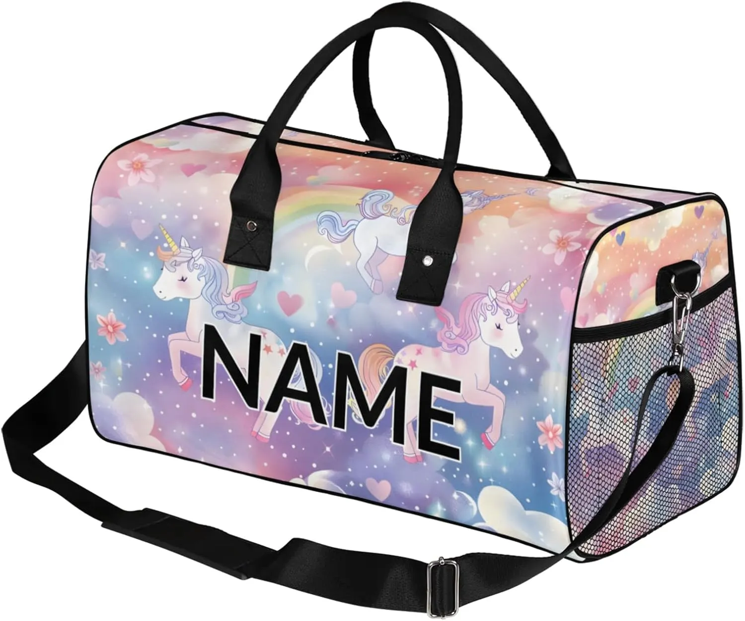 Personalized Pink Unicorn Travel Duffel Bag with Name, Custom Gym Sport Bag Fantasy Rainbow Carry On Weekend Overnight Duffel Bag for Men Women