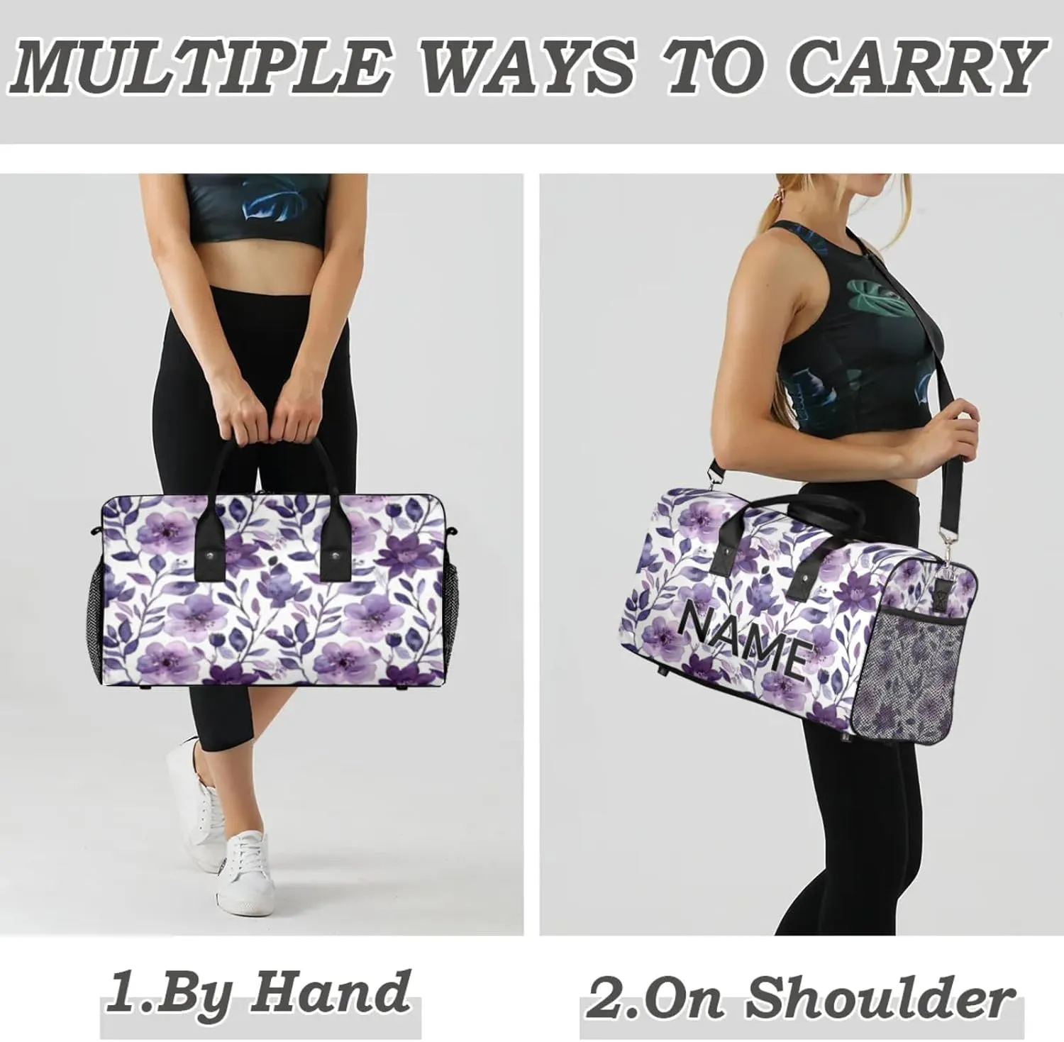 Personalized Purple Floral Travel Duffel Bag with Name, Custom Gym Sport Bag Flower Leaves Carry On Weekend Overnight Duffel Bag for Men Women