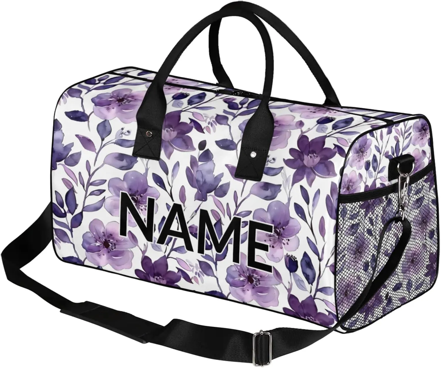 Personalized Purple Floral Travel Duffel Bag with Name, Custom Gym Sport Bag Flower Leaves Carry On Weekend Overnight Duffel Bag for Men Women