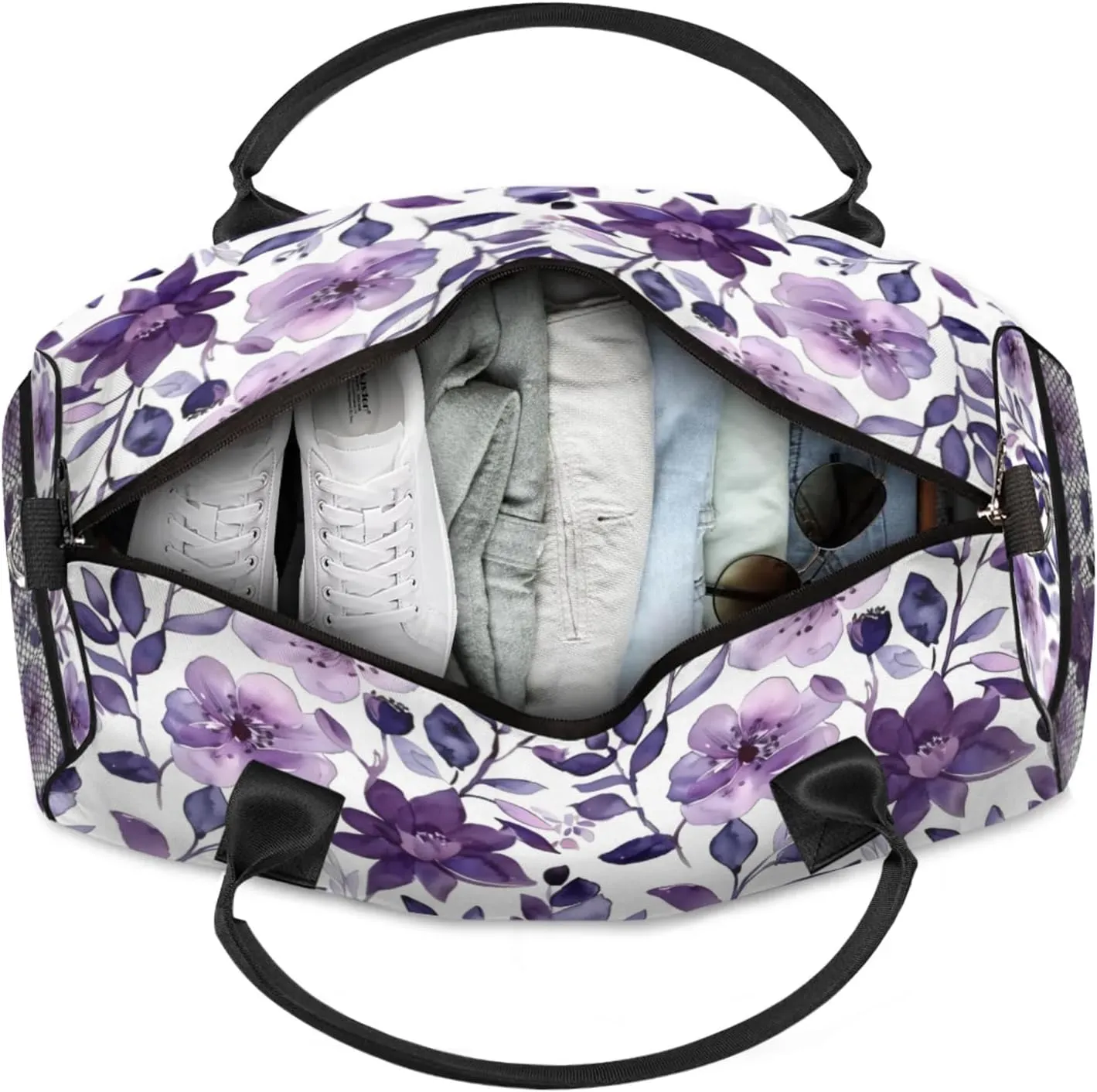 Personalized Purple Floral Travel Duffel Bag with Name, Custom Gym Sport Bag Flower Leaves Carry On Weekend Overnight Duffel Bag for Men Women