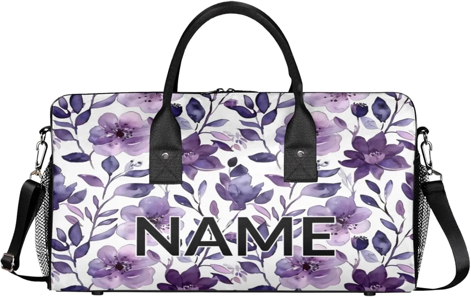 Personalized Purple Floral Travel Duffel Bag with Name, Custom Gym Sport Bag Flower Leaves Carry On Weekend Overnight Duffel Bag for Men Women