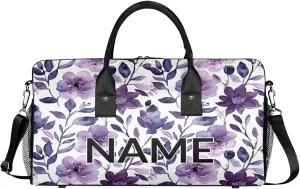 Personalized Purple Floral Travel Duffel Bag with Name, Custom Gym Sport Bag Flower Leaves Carry On Weekend Overnight Duffel Bag for Men Women