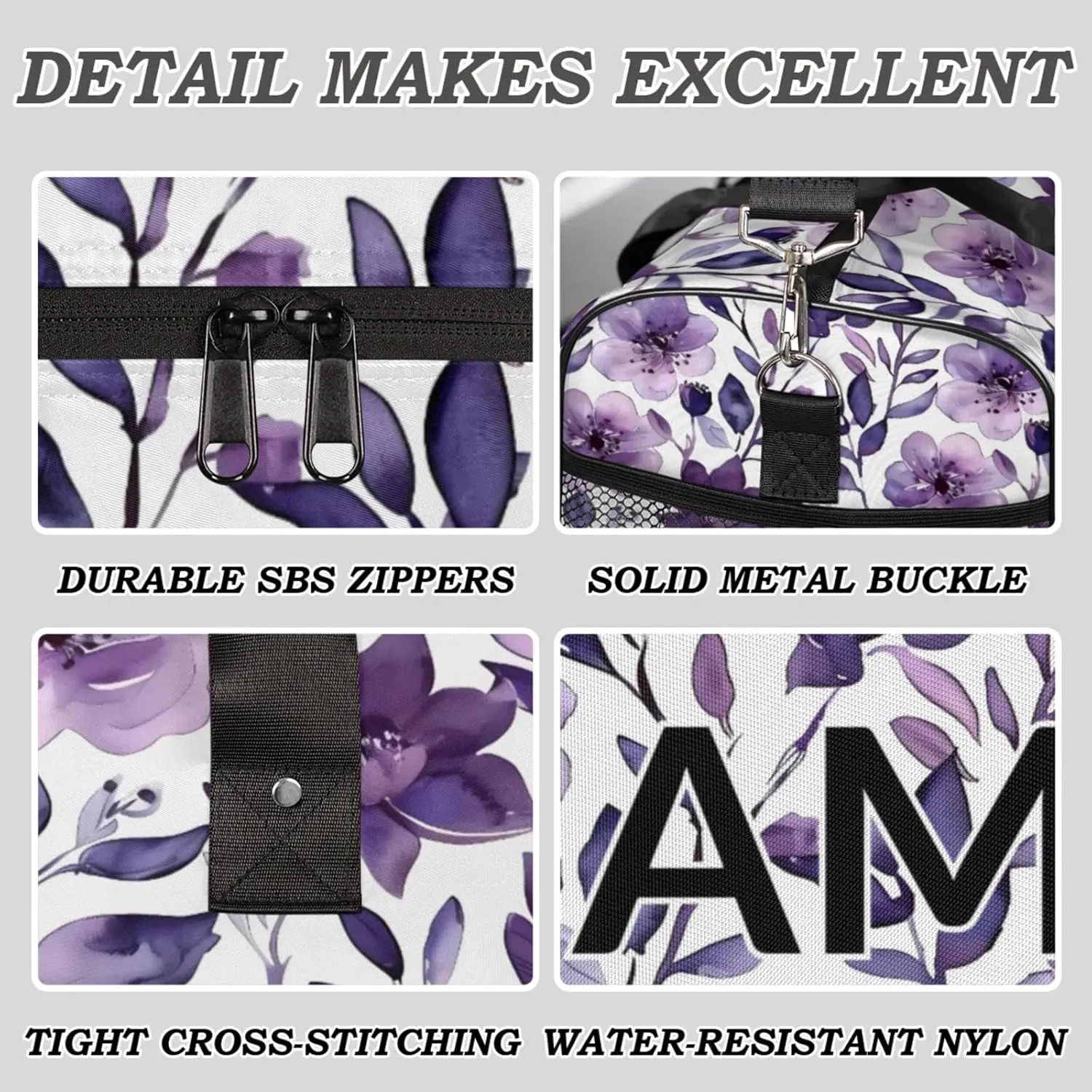 Personalized Purple Floral Travel Duffel Bag with Name, Custom Gym Sport Bag Flower Leaves Carry On Weekend Overnight Duffel Bag for Men Women