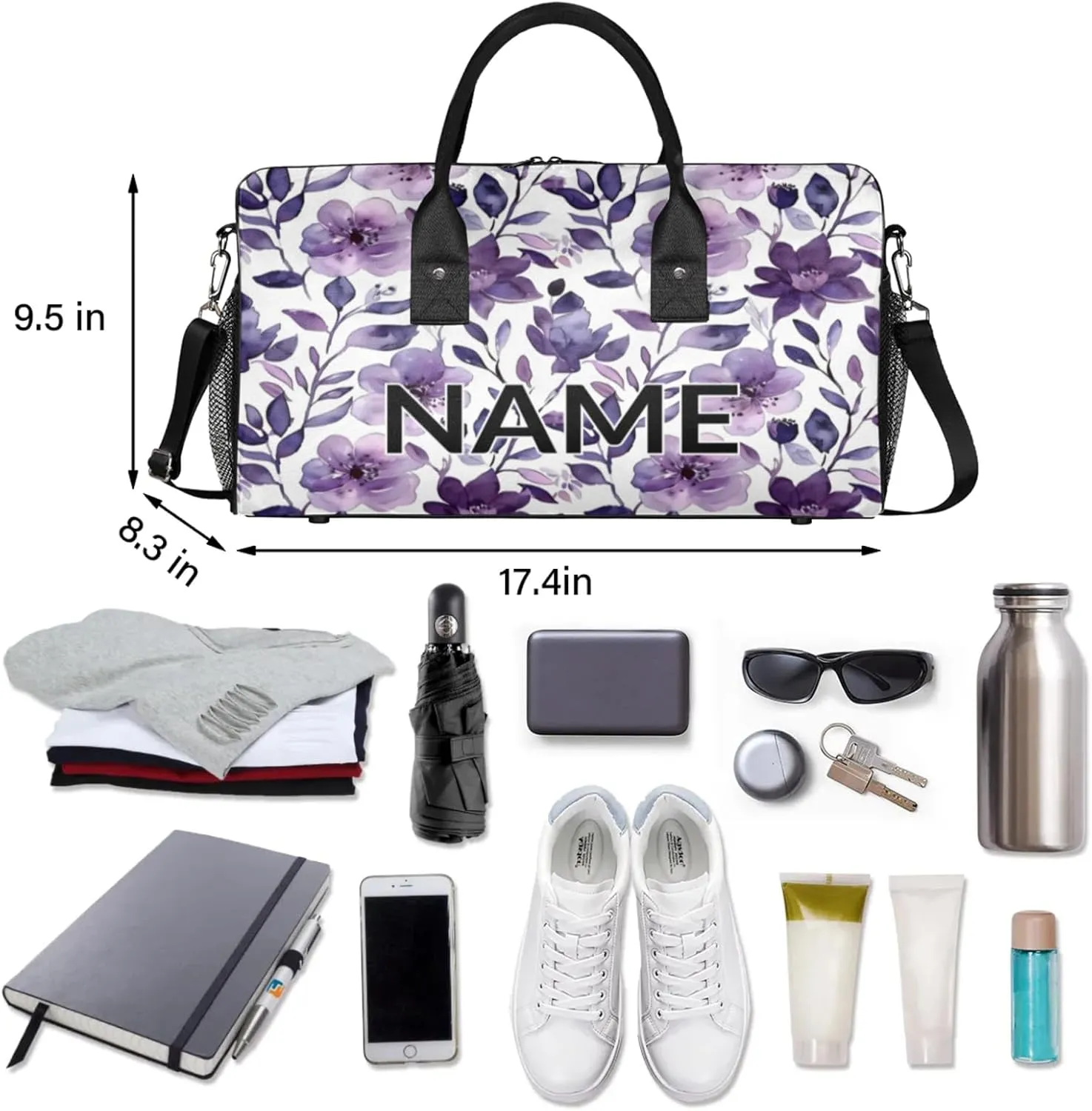 Personalized Purple Floral Travel Duffel Bag with Name, Custom Gym Sport Bag Flower Leaves Carry On Weekend Overnight Duffel Bag for Men Women