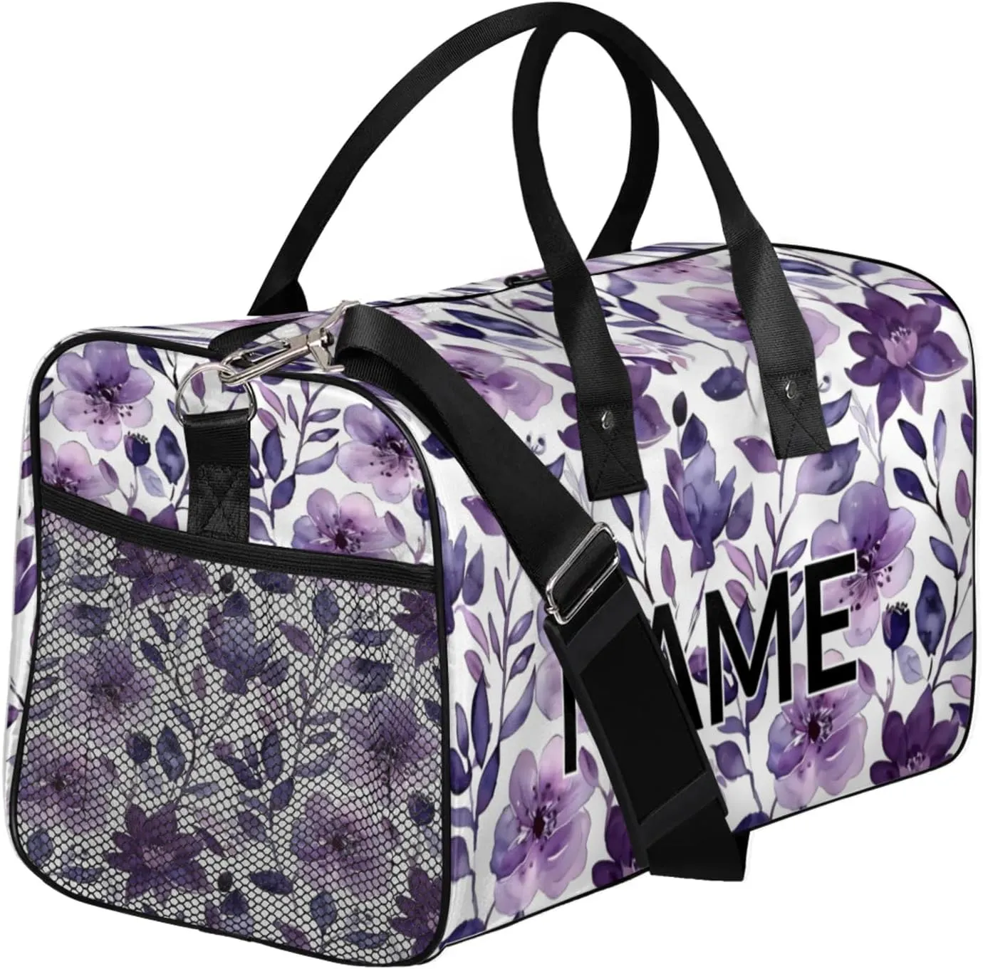 Personalized Purple Floral Travel Duffel Bag with Name, Custom Gym Sport Bag Flower Leaves Carry On Weekend Overnight Duffel Bag for Men Women