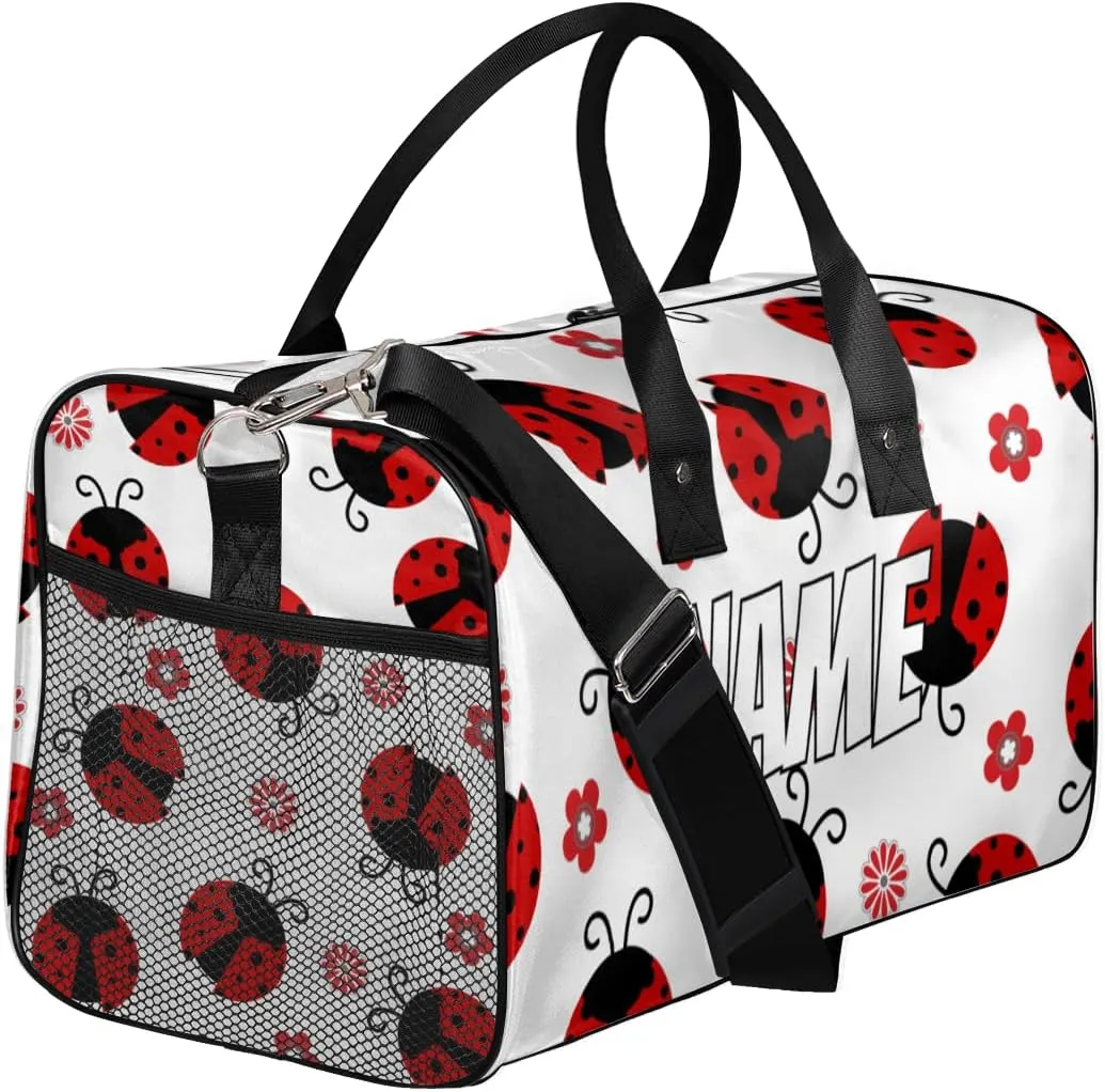 Personalized Red Ladybirds Travel Duffel Bag with Name, Custom Gym Sport Bag Farmhouse Ladybugs Carry On Weekend Overnight Duffel Bag for Men Women