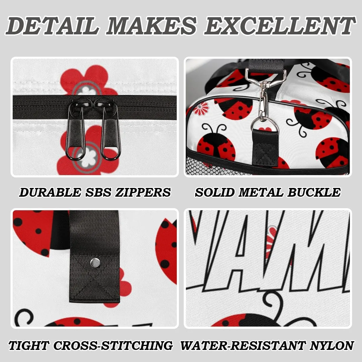Personalized Red Ladybirds Travel Duffel Bag with Name, Custom Gym Sport Bag Farmhouse Ladybugs Carry On Weekend Overnight Duffel Bag for Men Women