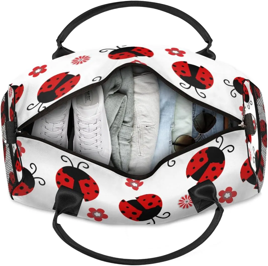 Personalized Red Ladybirds Travel Duffel Bag with Name, Custom Gym Sport Bag Farmhouse Ladybugs Carry On Weekend Overnight Duffel Bag for Men Women