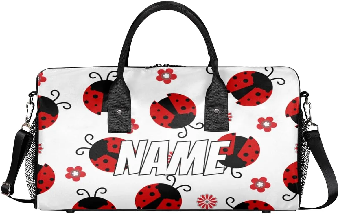Personalized Red Ladybirds Travel Duffel Bag with Name, Custom Gym Sport Bag Farmhouse Ladybugs Carry On Weekend Overnight Duffel Bag for Men Women