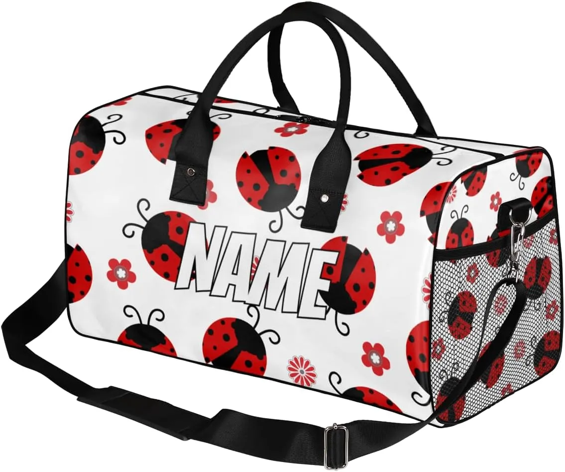Personalized Red Ladybirds Travel Duffel Bag with Name, Custom Gym Sport Bag Farmhouse Ladybugs Carry On Weekend Overnight Duffel Bag for Men Women