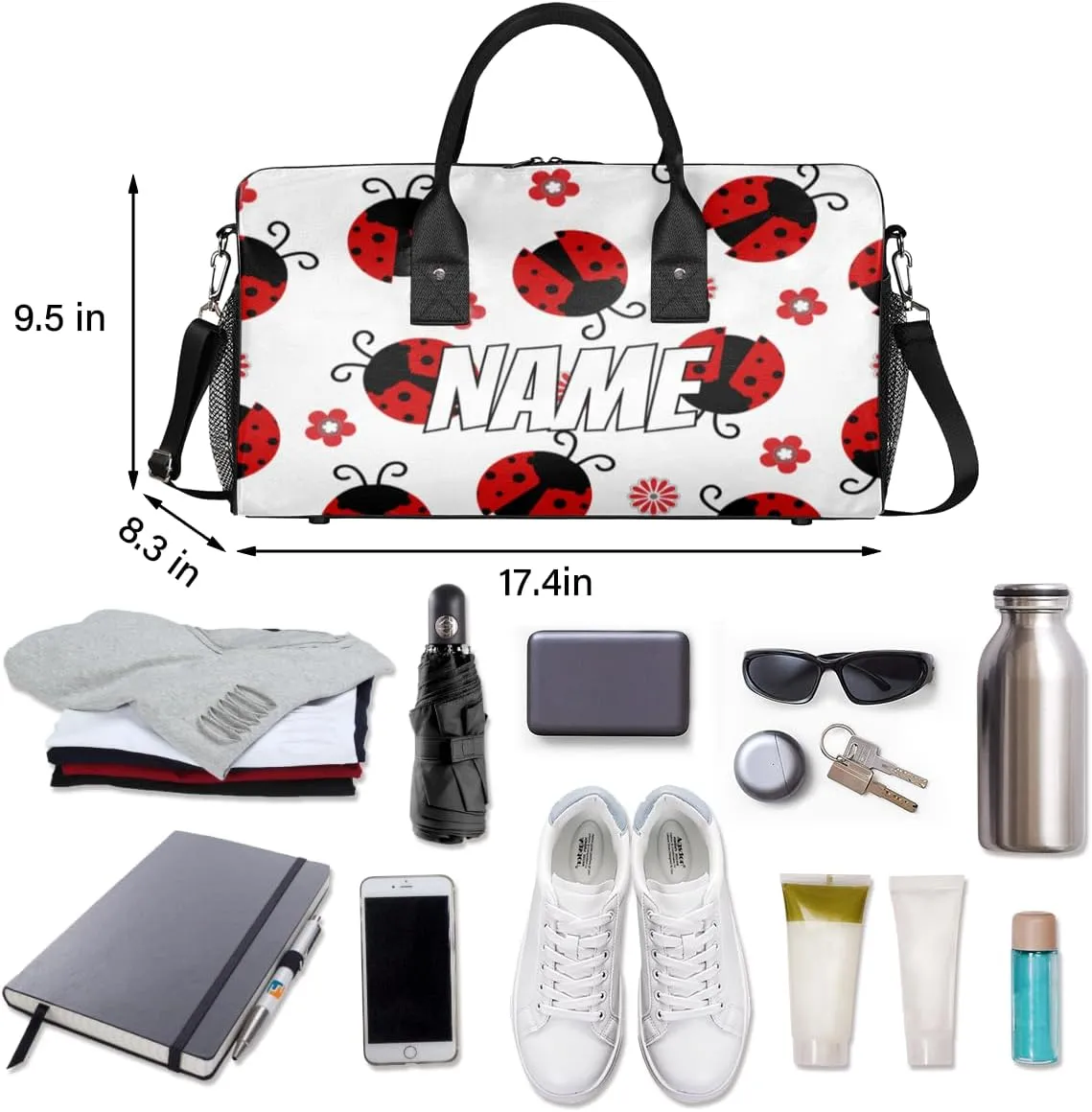 Personalized Red Ladybirds Travel Duffel Bag with Name, Custom Gym Sport Bag Farmhouse Ladybugs Carry On Weekend Overnight Duffel Bag for Men Women