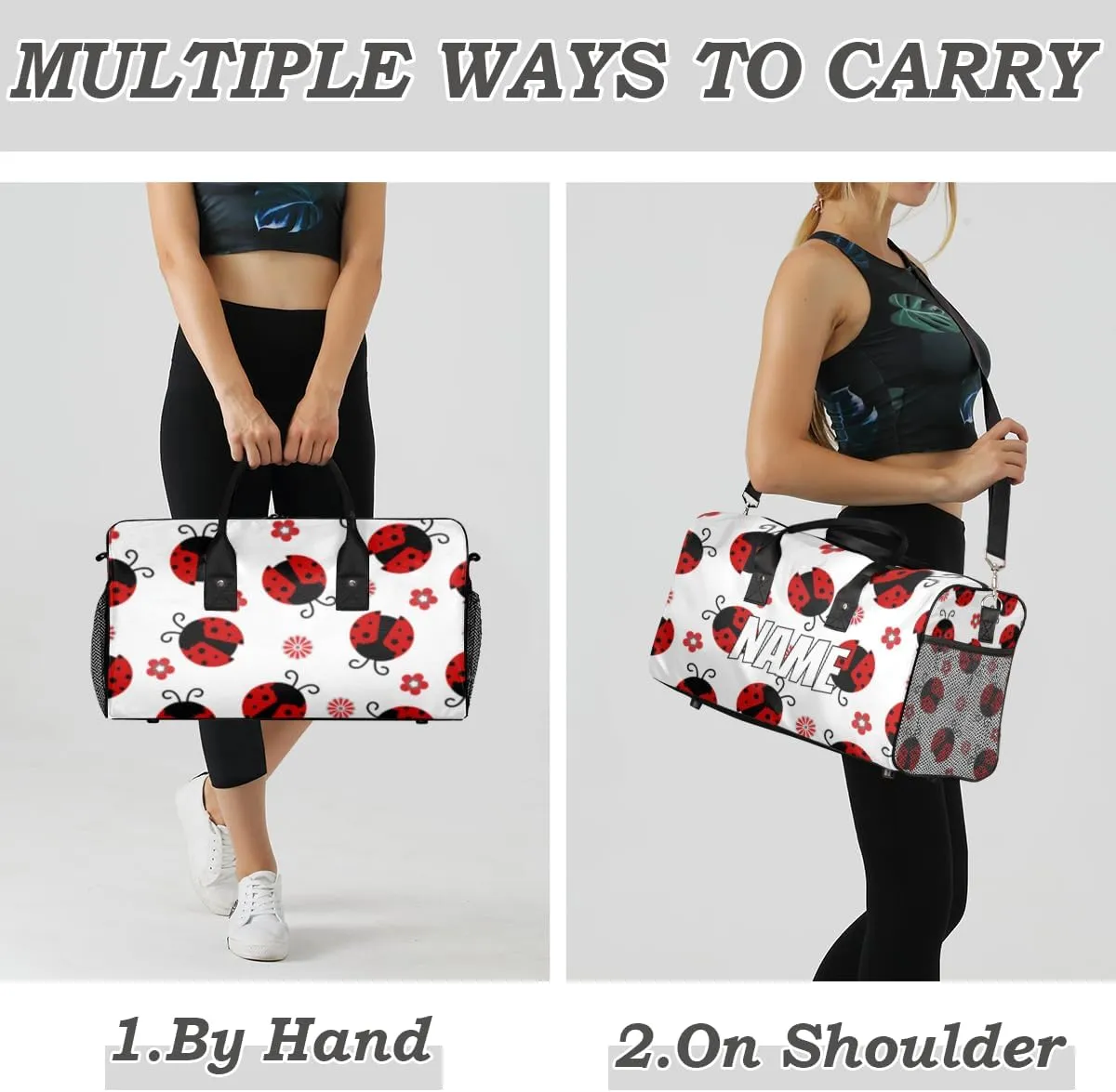 Personalized Red Ladybirds Travel Duffel Bag with Name, Custom Gym Sport Bag Farmhouse Ladybugs Carry On Weekend Overnight Duffel Bag for Men Women