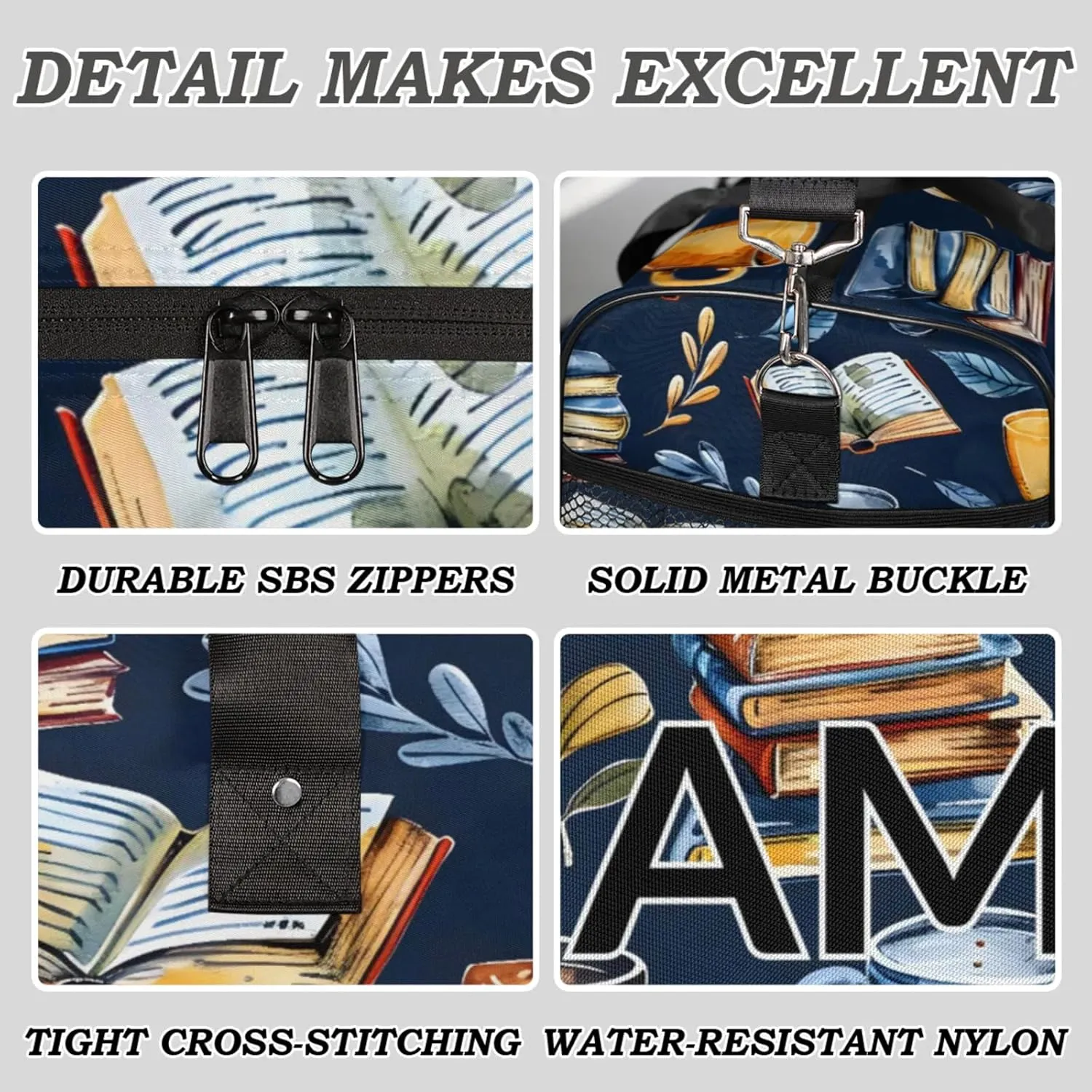 Personalized Retro Coffee Book Travel Duffel Bag with Name, Custom Gym Sport Bag Library Theme Carry On Weekend Overnight Duffel Bag for Men Women