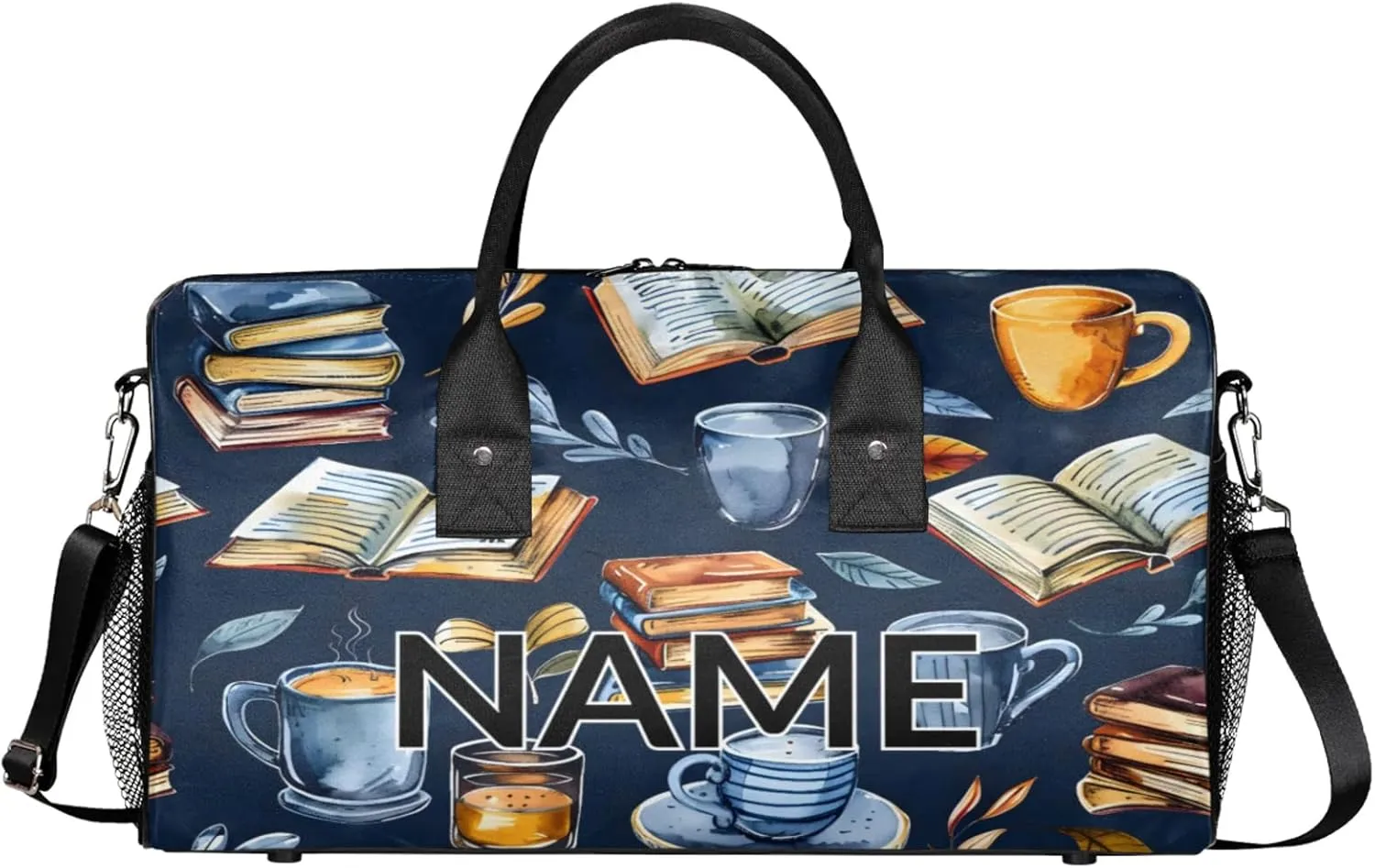 Personalized Retro Coffee Book Travel Duffel Bag with Name, Custom Gym Sport Bag Library Theme Carry On Weekend Overnight Duffel Bag for Men Women