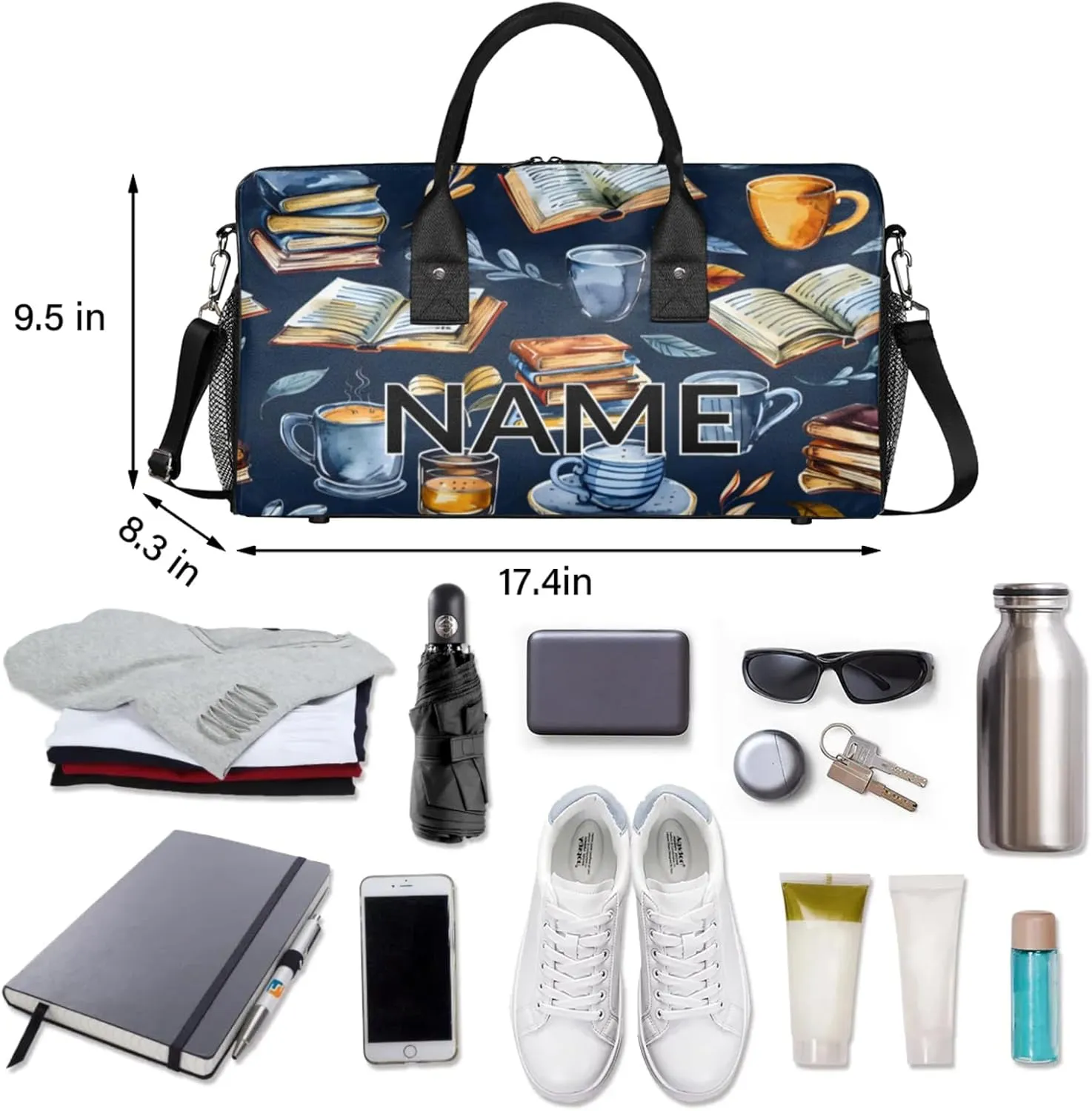 Personalized Retro Coffee Book Travel Duffel Bag with Name, Custom Gym Sport Bag Library Theme Carry On Weekend Overnight Duffel Bag for Men Women