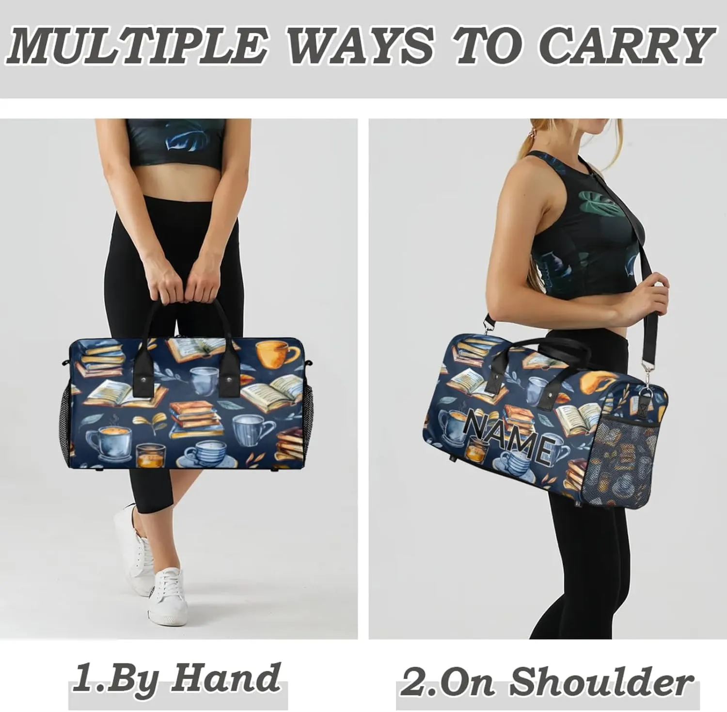 Personalized Retro Coffee Book Travel Duffel Bag with Name, Custom Gym Sport Bag Library Theme Carry On Weekend Overnight Duffel Bag for Men Women