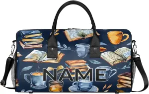 Personalized Retro Coffee Book Travel Duffel Bag with Name, Custom Gym Sport Bag Library Theme Carry On Weekend Overnight Duffel Bag for Men Women