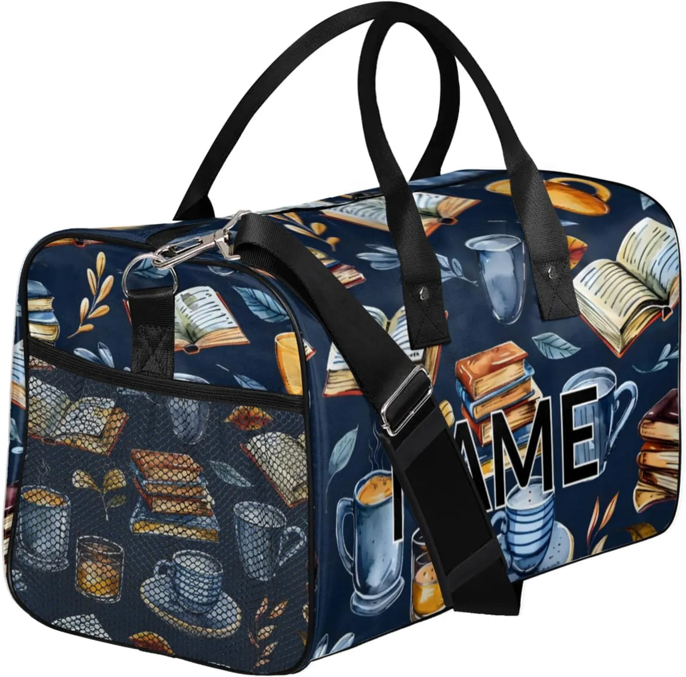 Personalized Retro Coffee Book Travel Duffel Bag with Name, Custom Gym Sport Bag Library Theme Carry On Weekend Overnight Duffel Bag for Men Women