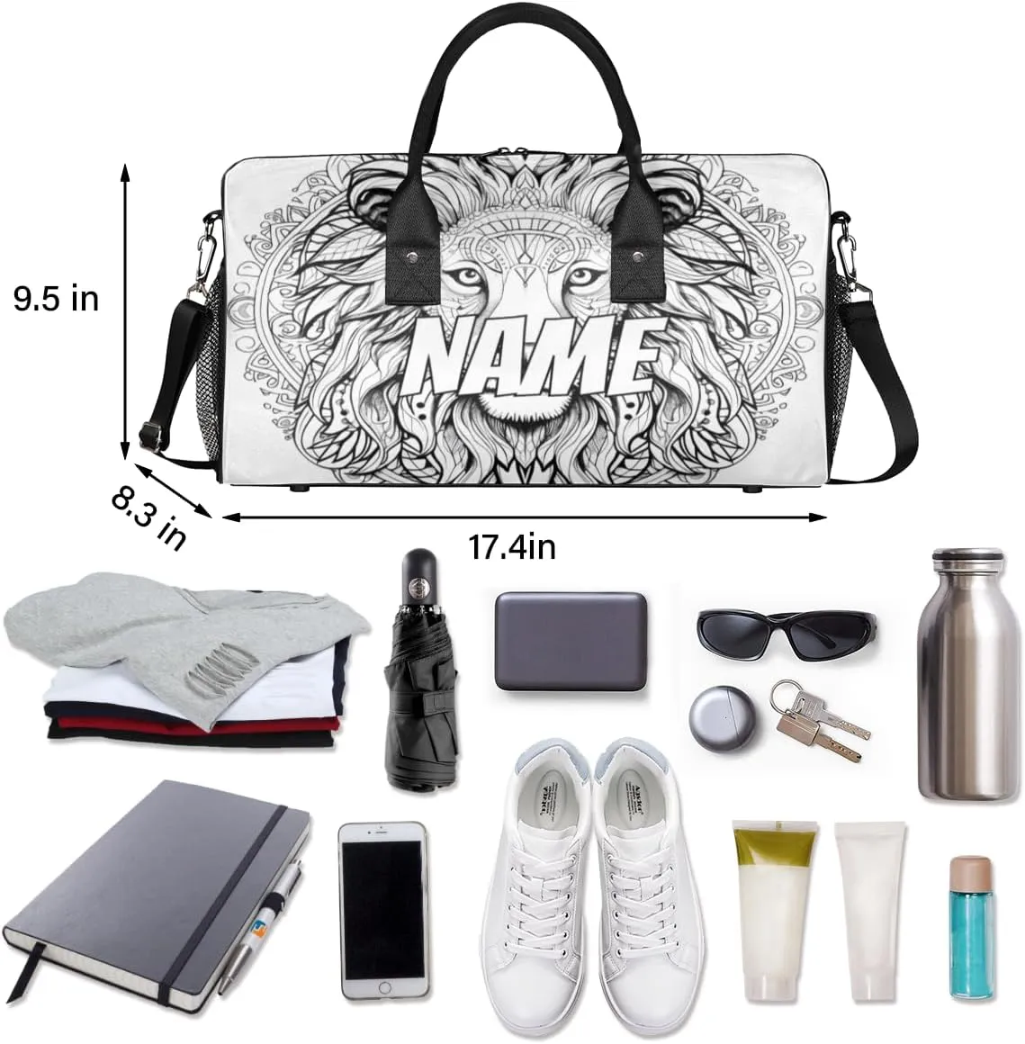 Personalized Retro Lion Head Travel Duffel Bag with Name, Custom Gym Sport Bag Cool Art Carry On Weekend Overnight Duffel Bag for Men Women