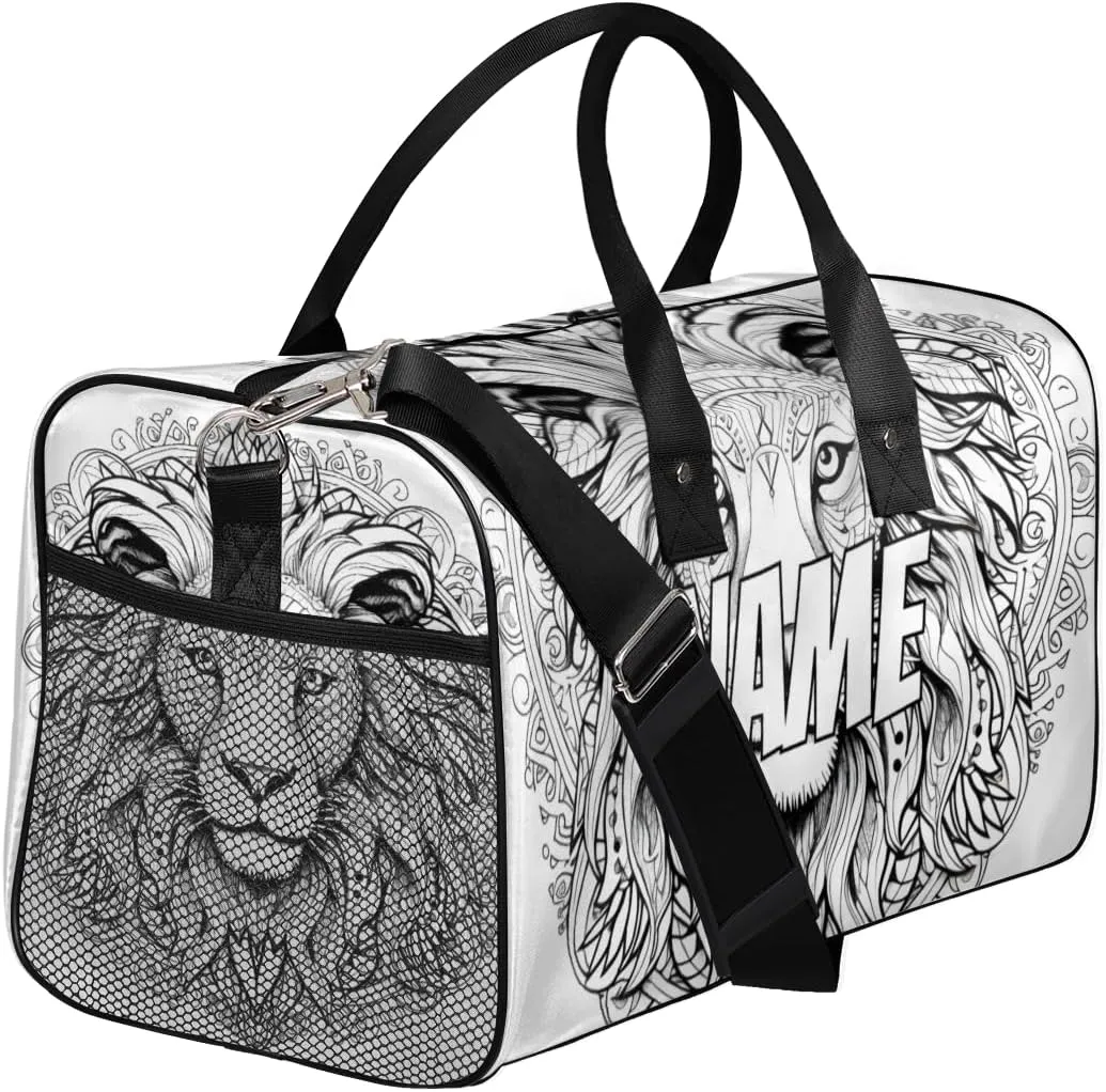 Personalized Retro Lion Head Travel Duffel Bag with Name, Custom Gym Sport Bag Cool Art Carry On Weekend Overnight Duffel Bag for Men Women