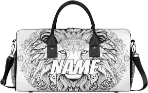 Personalized Retro Lion Head Travel Duffel Bag with Name, Custom Gym Sport Bag Cool Art Carry On Weekend Overnight Duffel Bag for Men Women