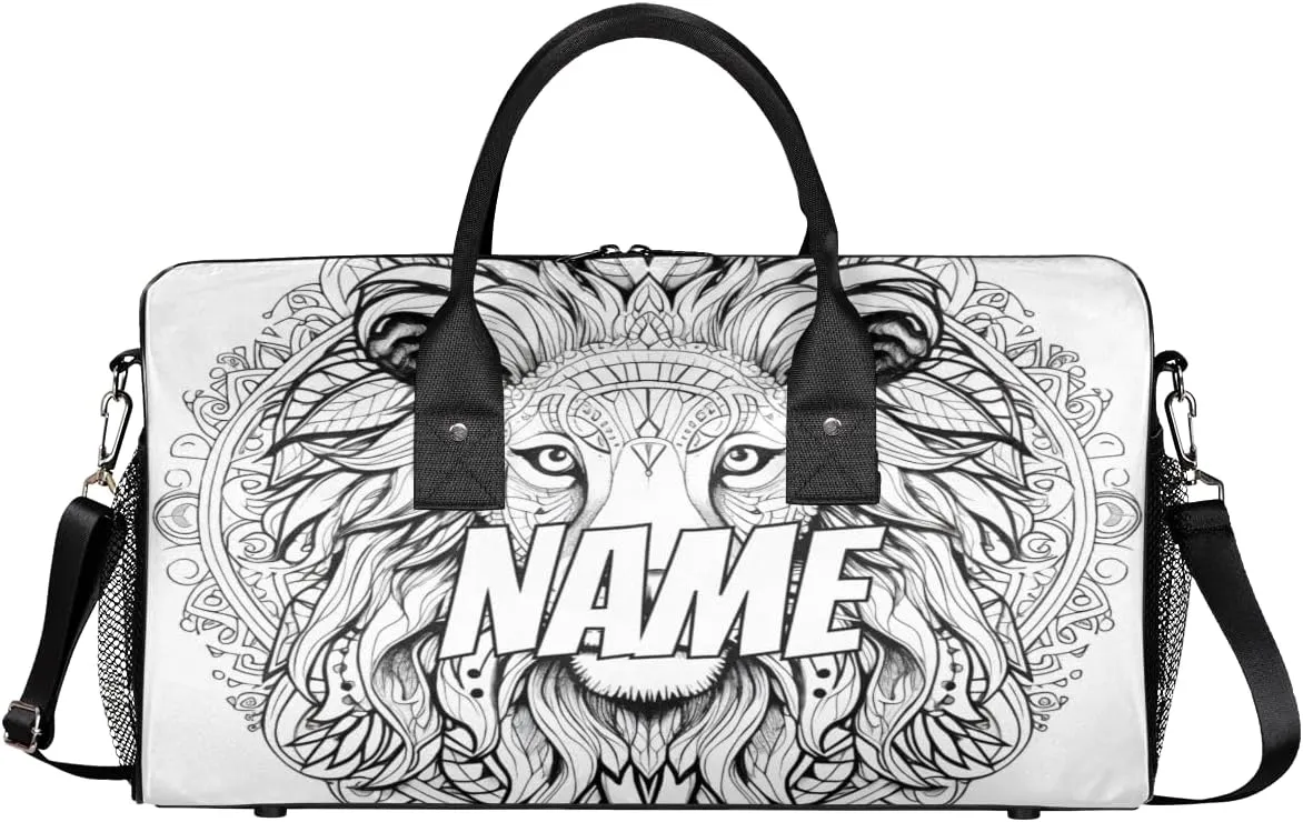 Personalized Retro Lion Head Travel Duffel Bag with Name, Custom Gym Sport Bag Cool Art Carry On Weekend Overnight Duffel Bag for Men Women