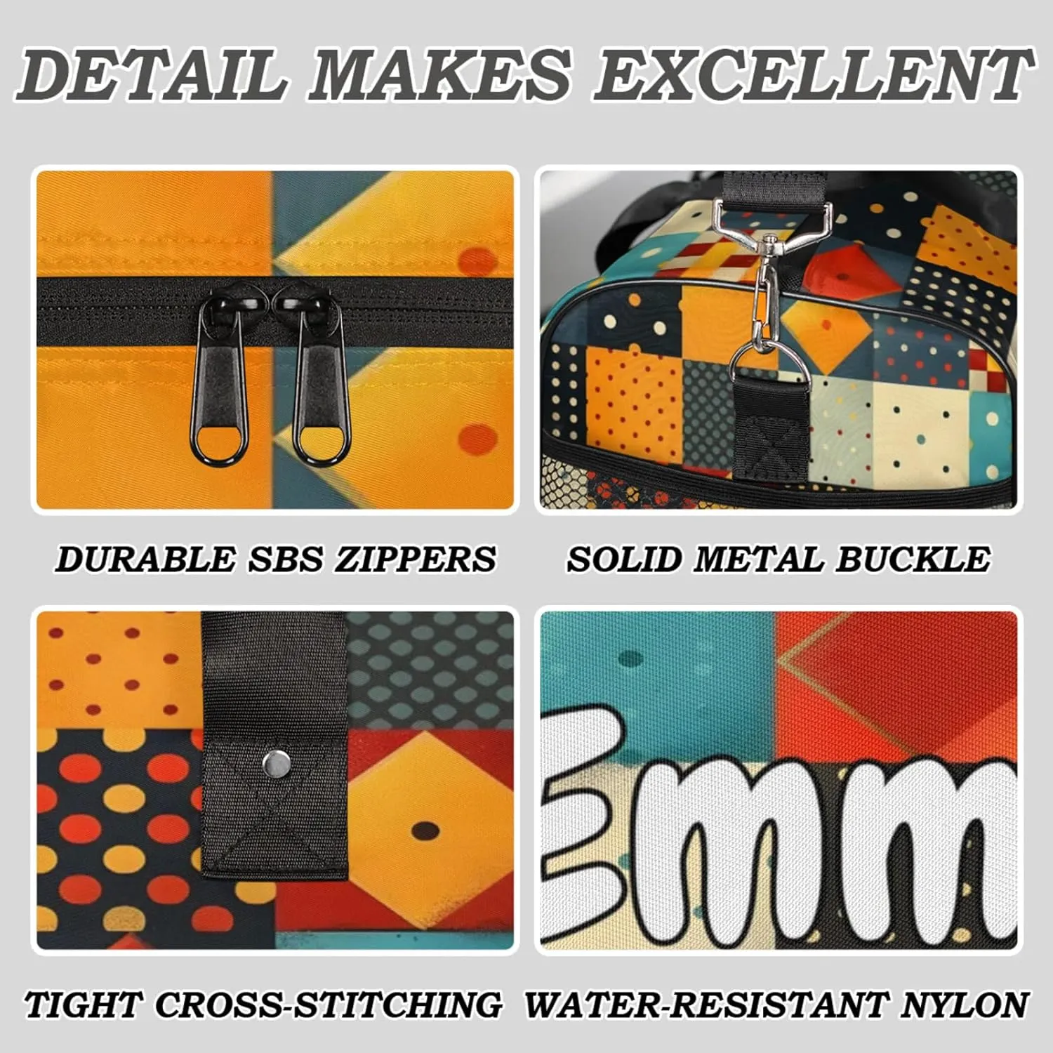 Personalized Rhombus Squares Tile Art Travel Duffel Bag with Name, Custom Gym Sport Bag Geometric Carry On Weekend Overnight Duffel Bag for Men Women