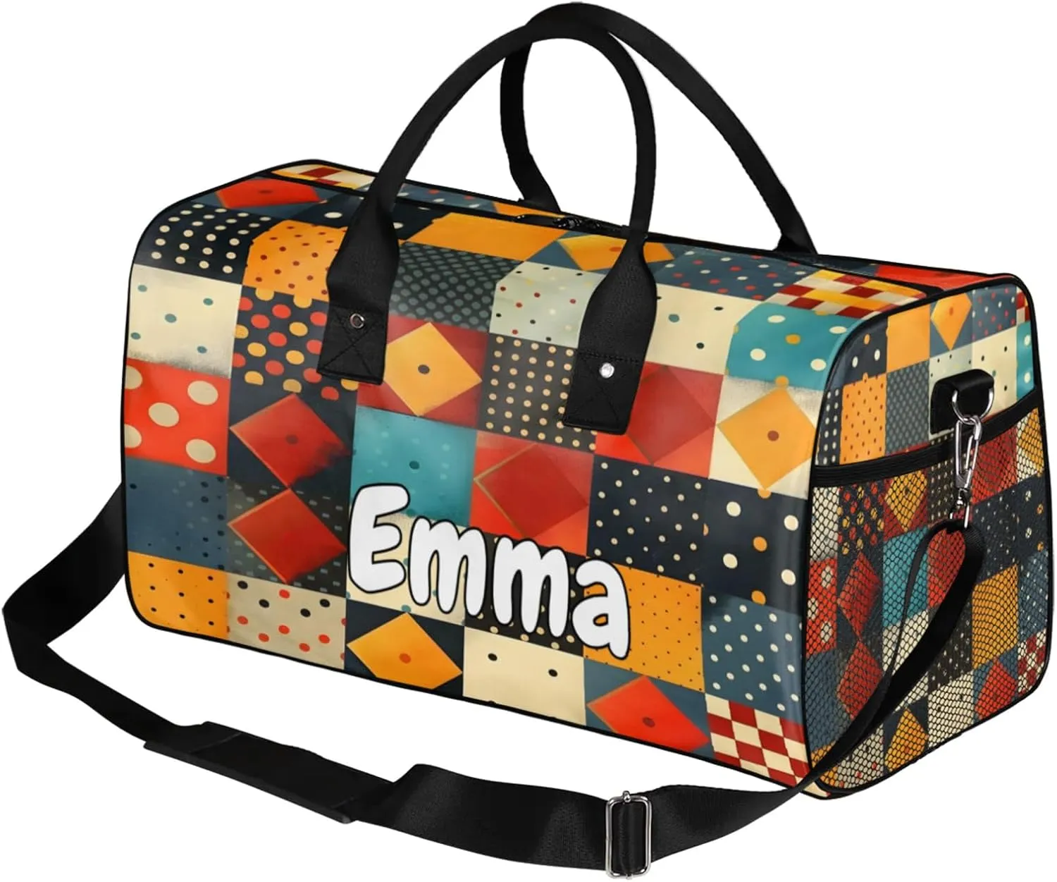 Personalized Rhombus Squares Tile Art Travel Duffel Bag with Name, Custom Gym Sport Bag Geometric Carry On Weekend Overnight Duffel Bag for Men Women