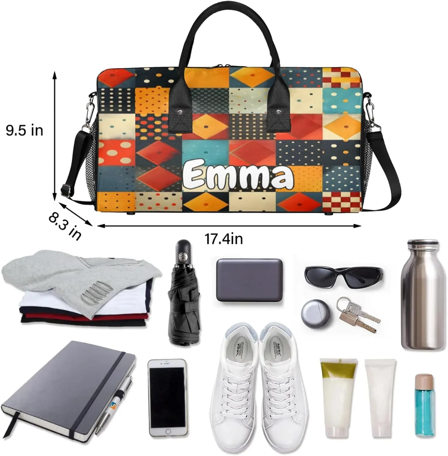 Personalized Rhombus Squares Tile Art Travel Duffel Bag with Name, Custom Gym Sport Bag Geometric Carry On Weekend Overnight Duffel Bag for Men Women