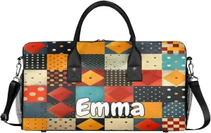 Personalized Rhombus Squares Tile Art Travel Duffel Bag with Name, Custom Gym Sport Bag Geometric Carry On Weekend Overnight Duffel Bag for Men Women