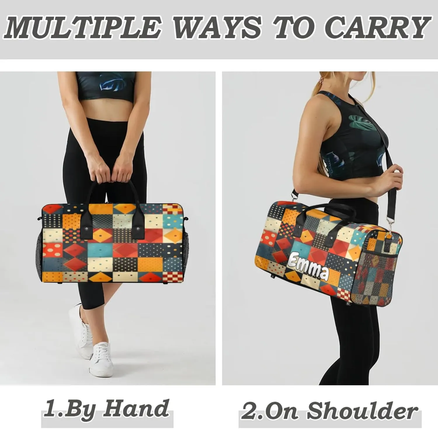 Personalized Rhombus Squares Tile Art Travel Duffel Bag with Name, Custom Gym Sport Bag Geometric Carry On Weekend Overnight Duffel Bag for Men Women
