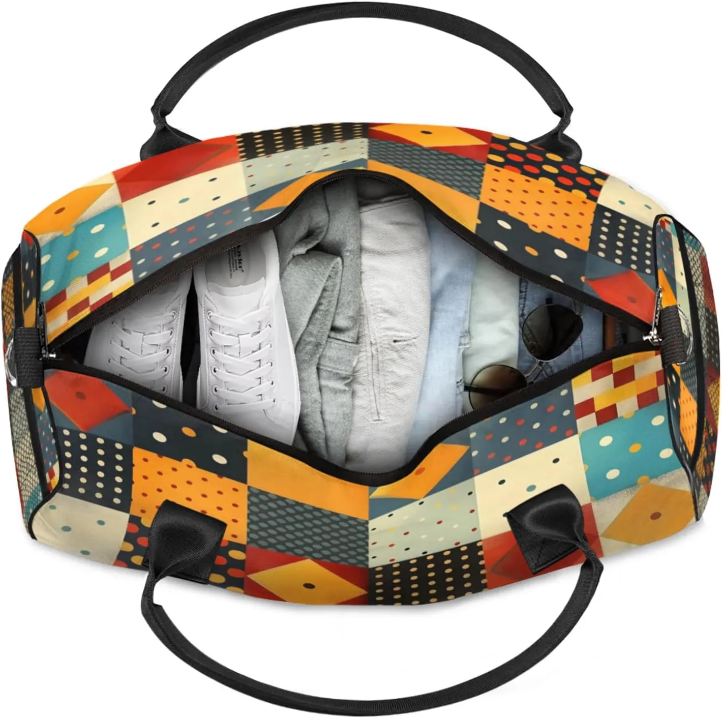 Personalized Rhombus Squares Tile Art Travel Duffel Bag with Name, Custom Gym Sport Bag Geometric Carry On Weekend Overnight Duffel Bag for Men Women