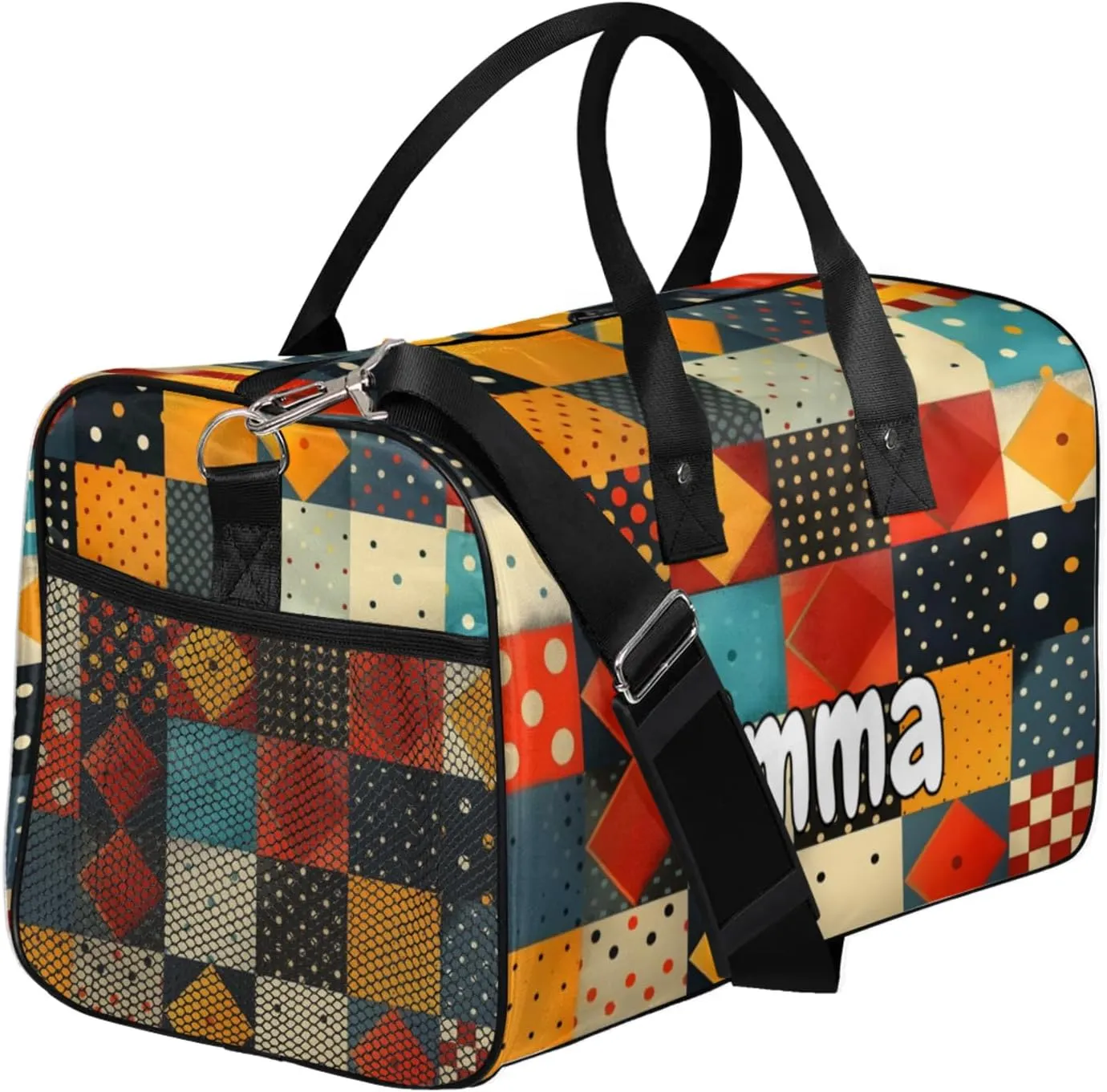 Personalized Rhombus Squares Tile Art Travel Duffel Bag with Name, Custom Gym Sport Bag Geometric Carry On Weekend Overnight Duffel Bag for Men Women