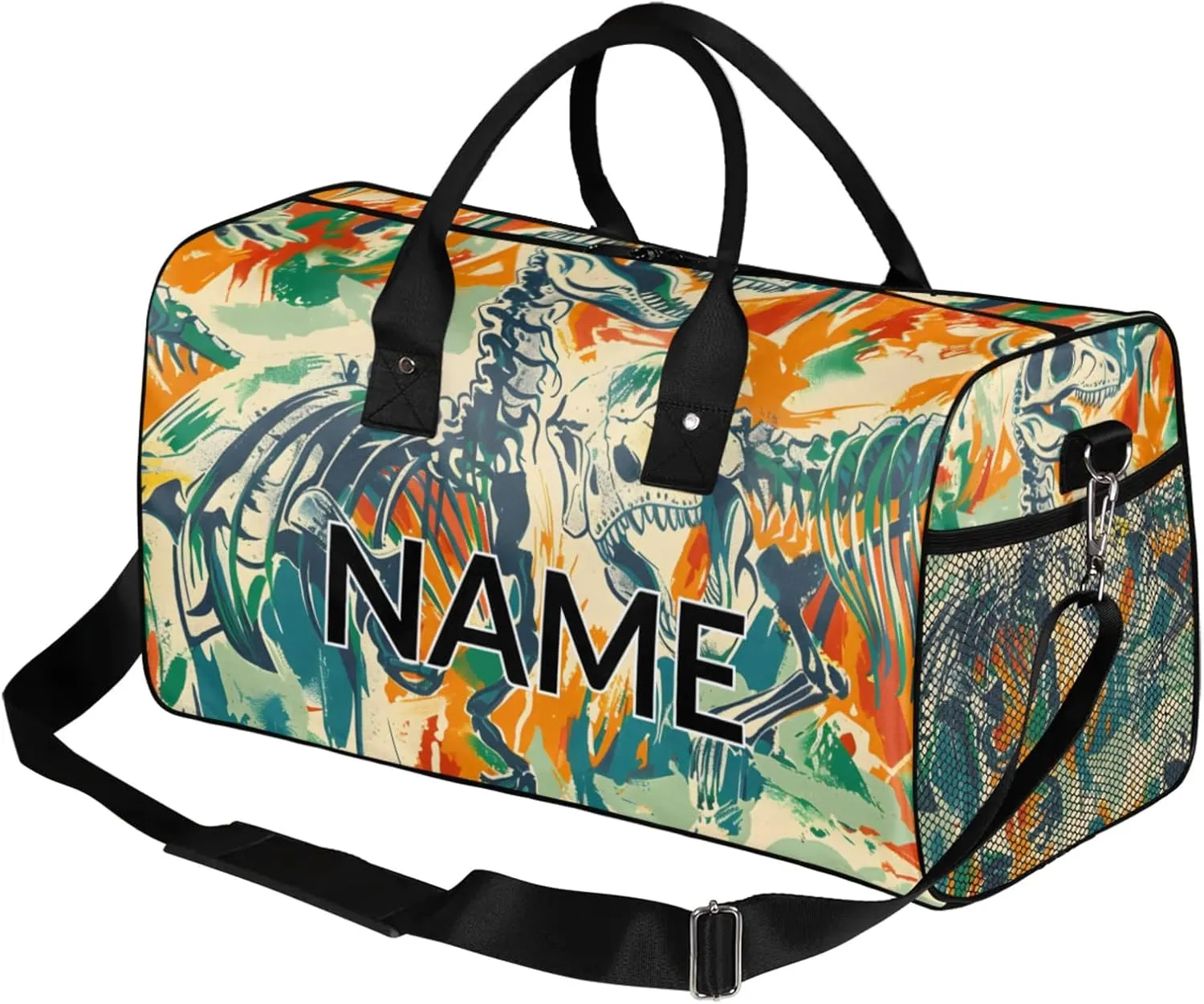 Personalized Skeleton Dinosaurs Travel Duffel Bag with Name, Custom Gym Sport Bag Colorful Historic Carry On Weekend Overnight Duffel Bag for Men Women