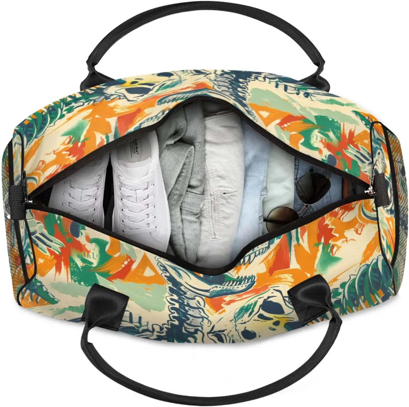 Personalized Skeleton Dinosaurs Travel Duffel Bag with Name, Custom Gym Sport Bag Colorful Historic Carry On Weekend Overnight Duffel Bag for Men Women
