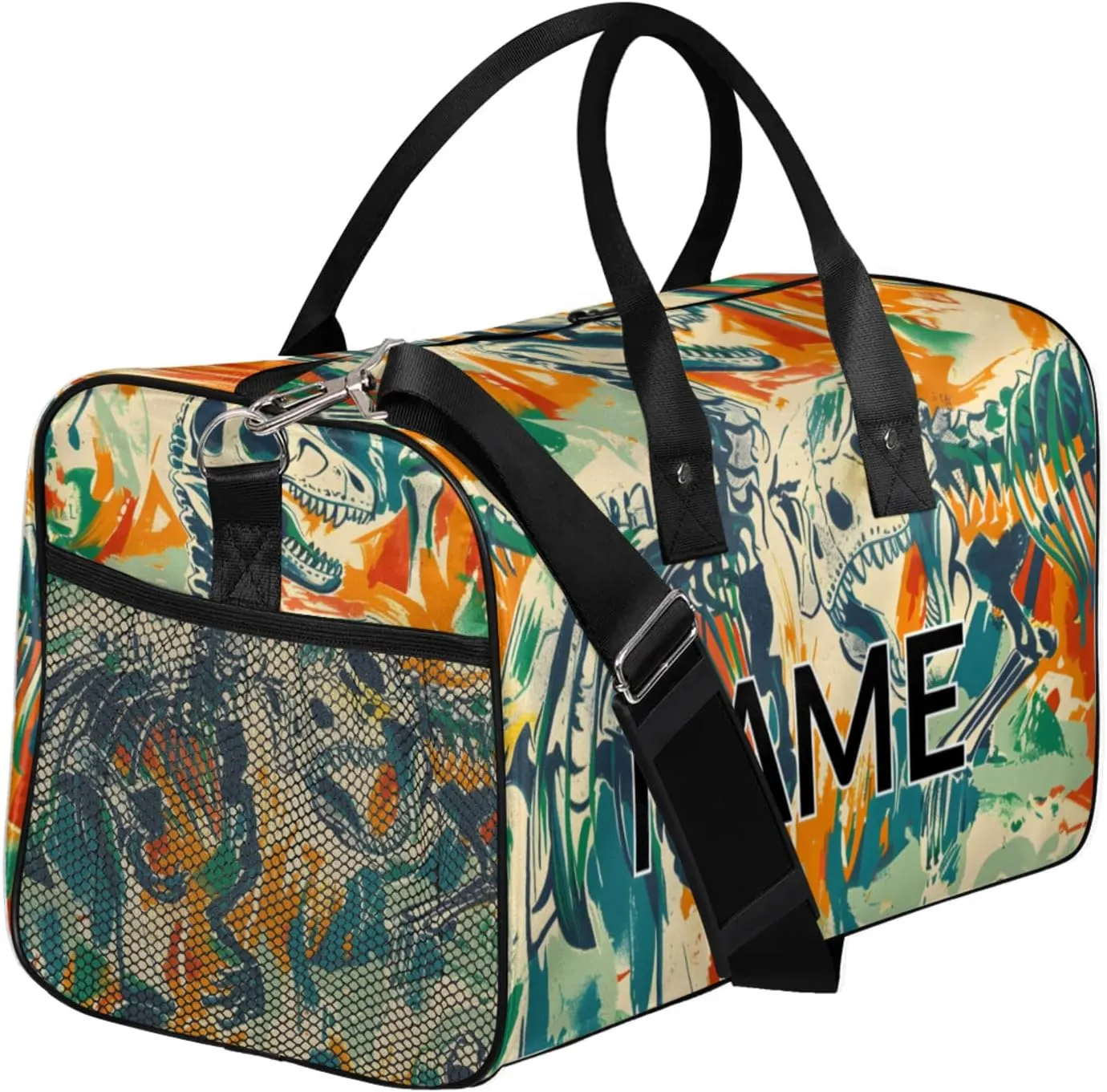 Personalized Skeleton Dinosaurs Travel Duffel Bag with Name, Custom Gym Sport Bag Colorful Historic Carry On Weekend Overnight Duffel Bag for Men Women