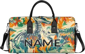 Personalized Skeleton Dinosaurs Travel Duffel Bag with Name, Custom Gym Sport Bag Colorful Historic Carry On Weekend Overnight Duffel Bag for Men Women