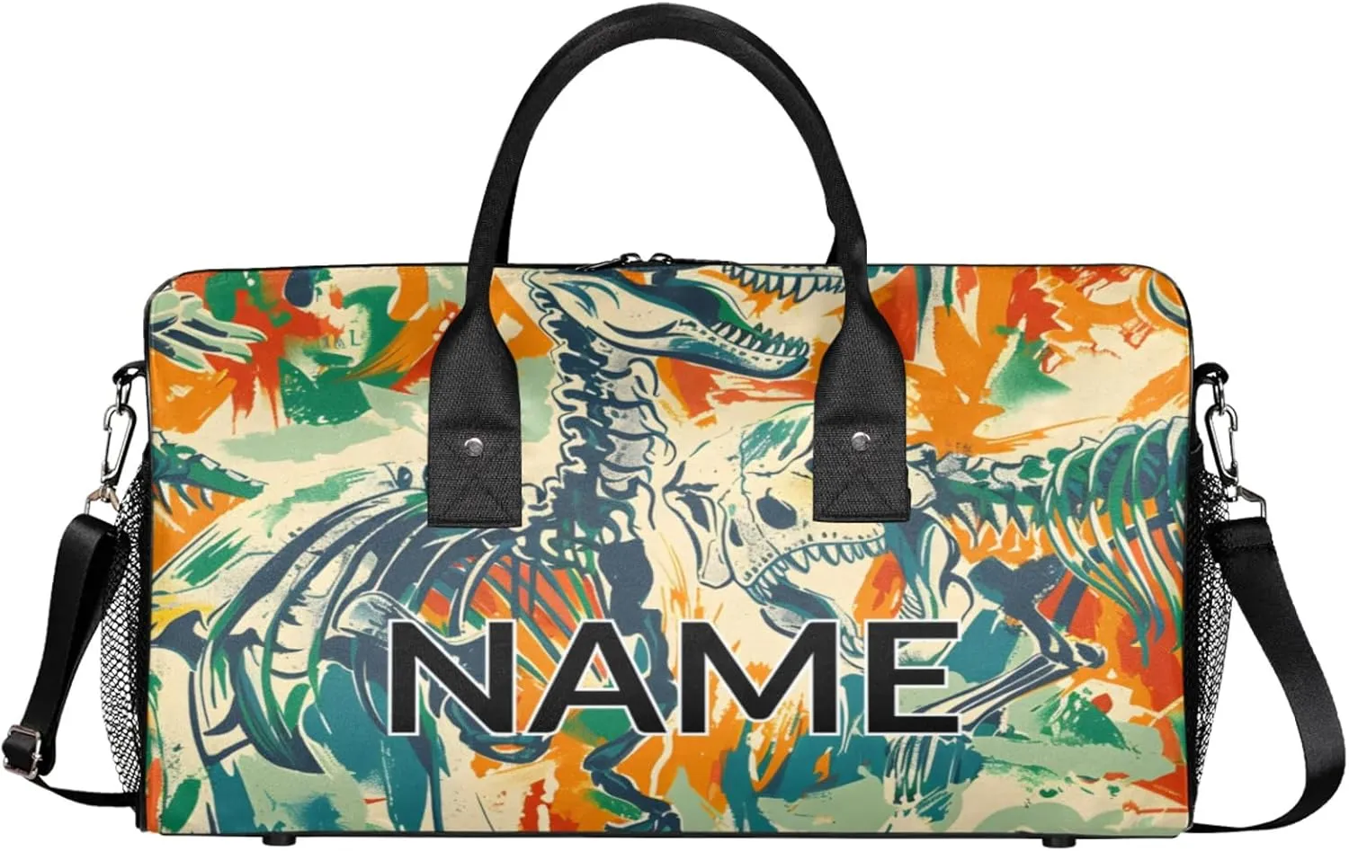 Personalized Skeleton Dinosaurs Travel Duffel Bag with Name, Custom Gym Sport Bag Colorful Historic Carry On Weekend Overnight Duffel Bag for Men Women